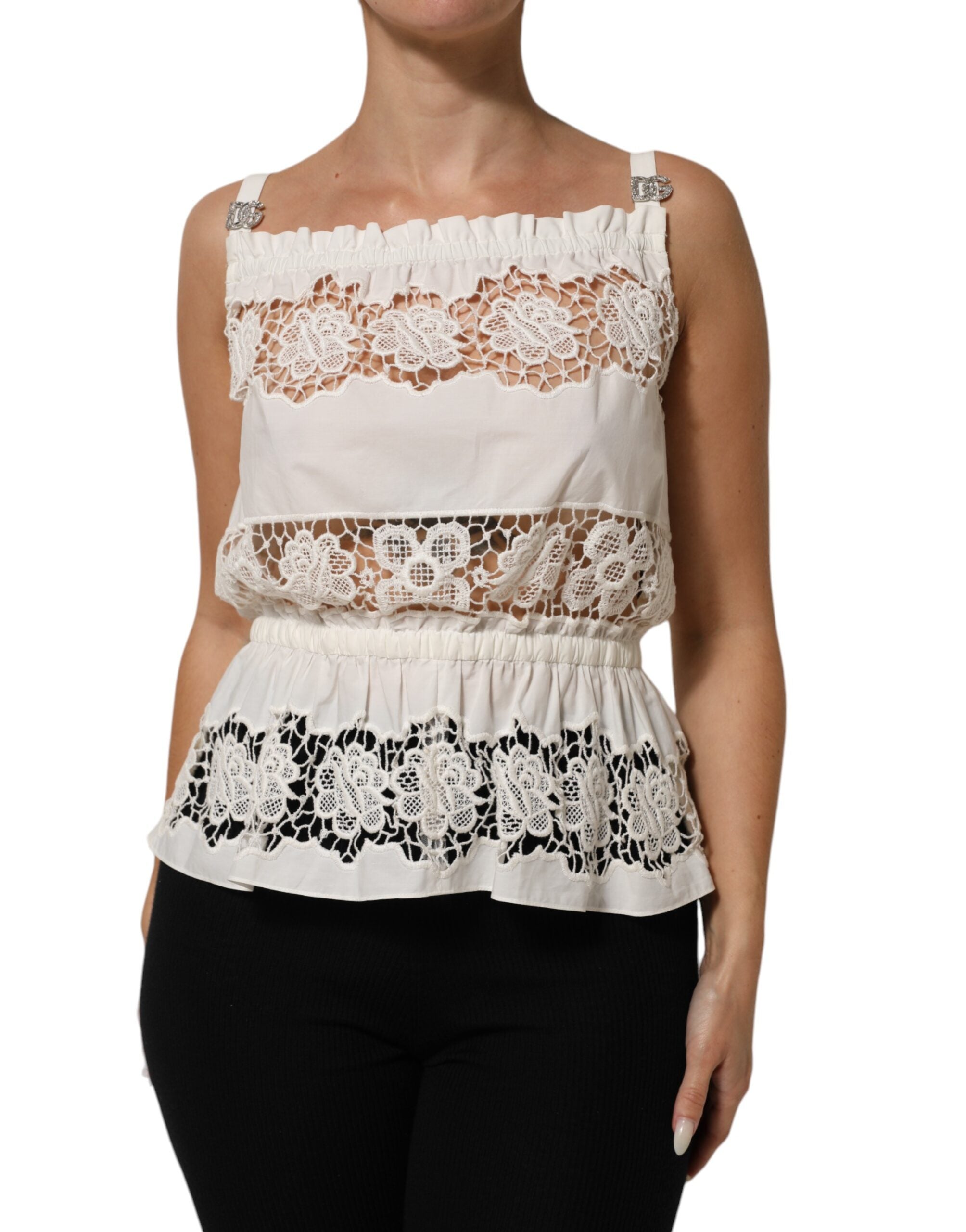 Dolce & Gabbana Hvid Poplin Tanktop Med Åbent Broderi