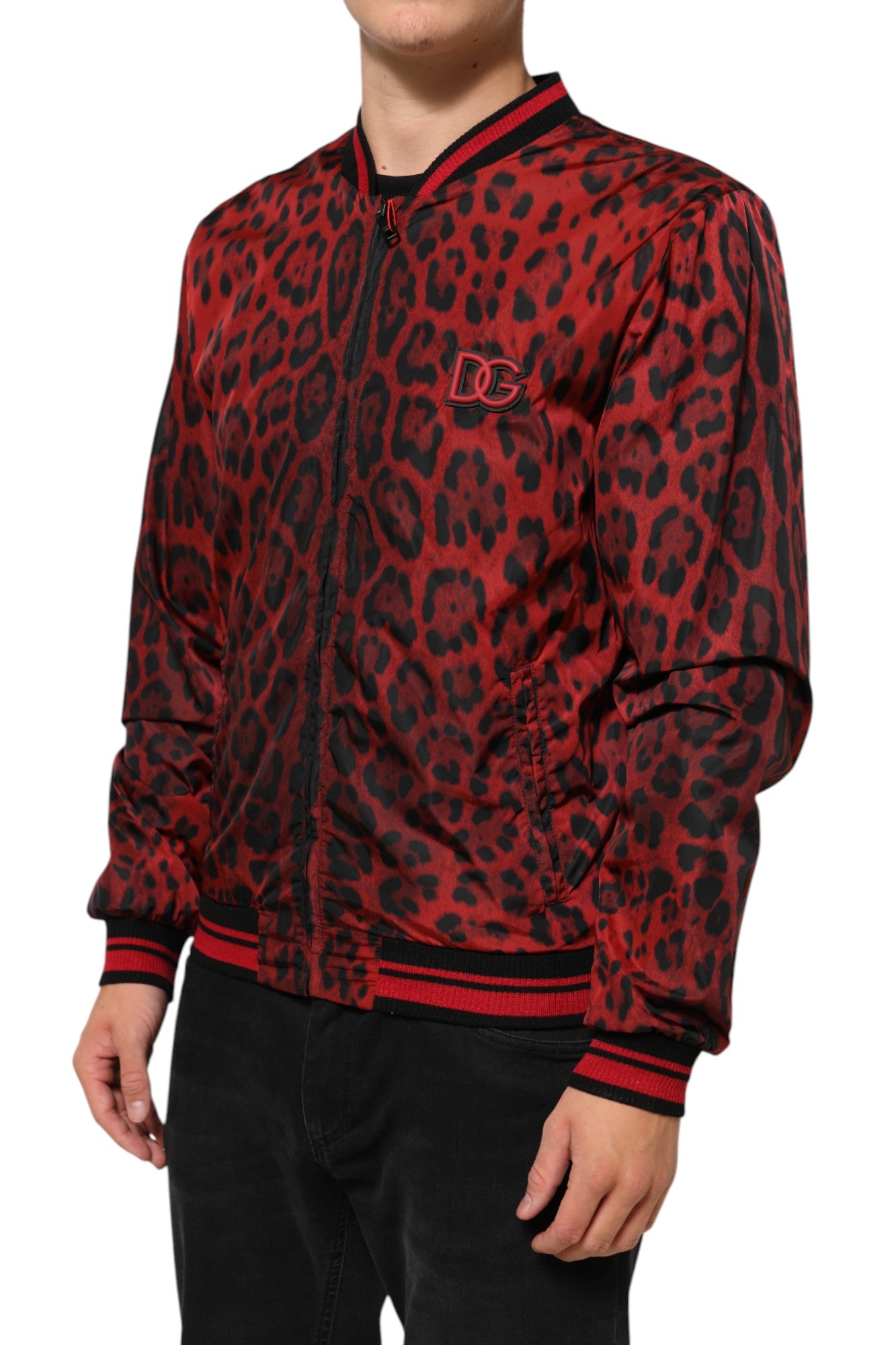 Dolce & Gabbana Rød Leopardprint Bomberjakke med Lynlås