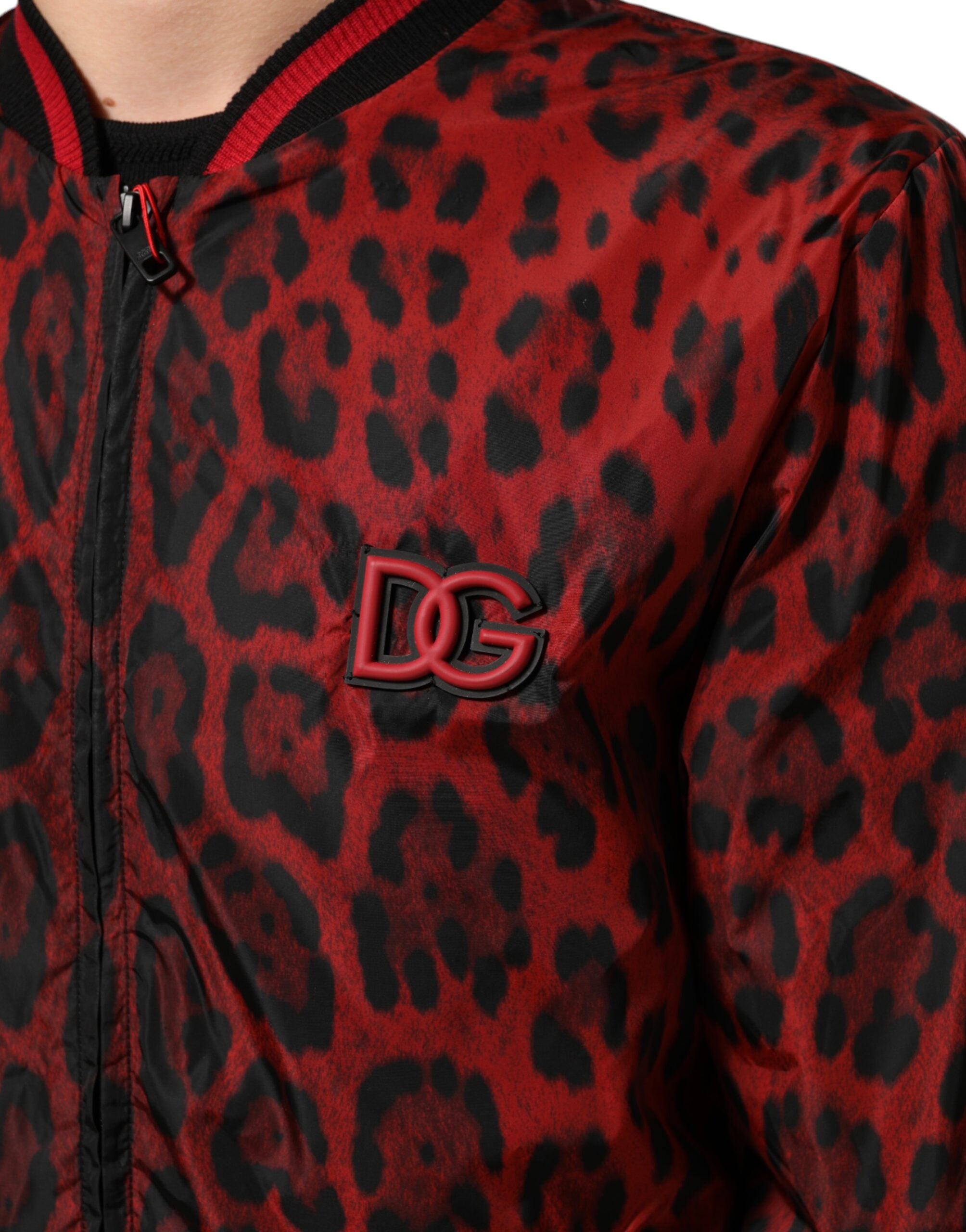 Dolce & Gabbana Rød Leopardprint Bomberjakke med Lynlås