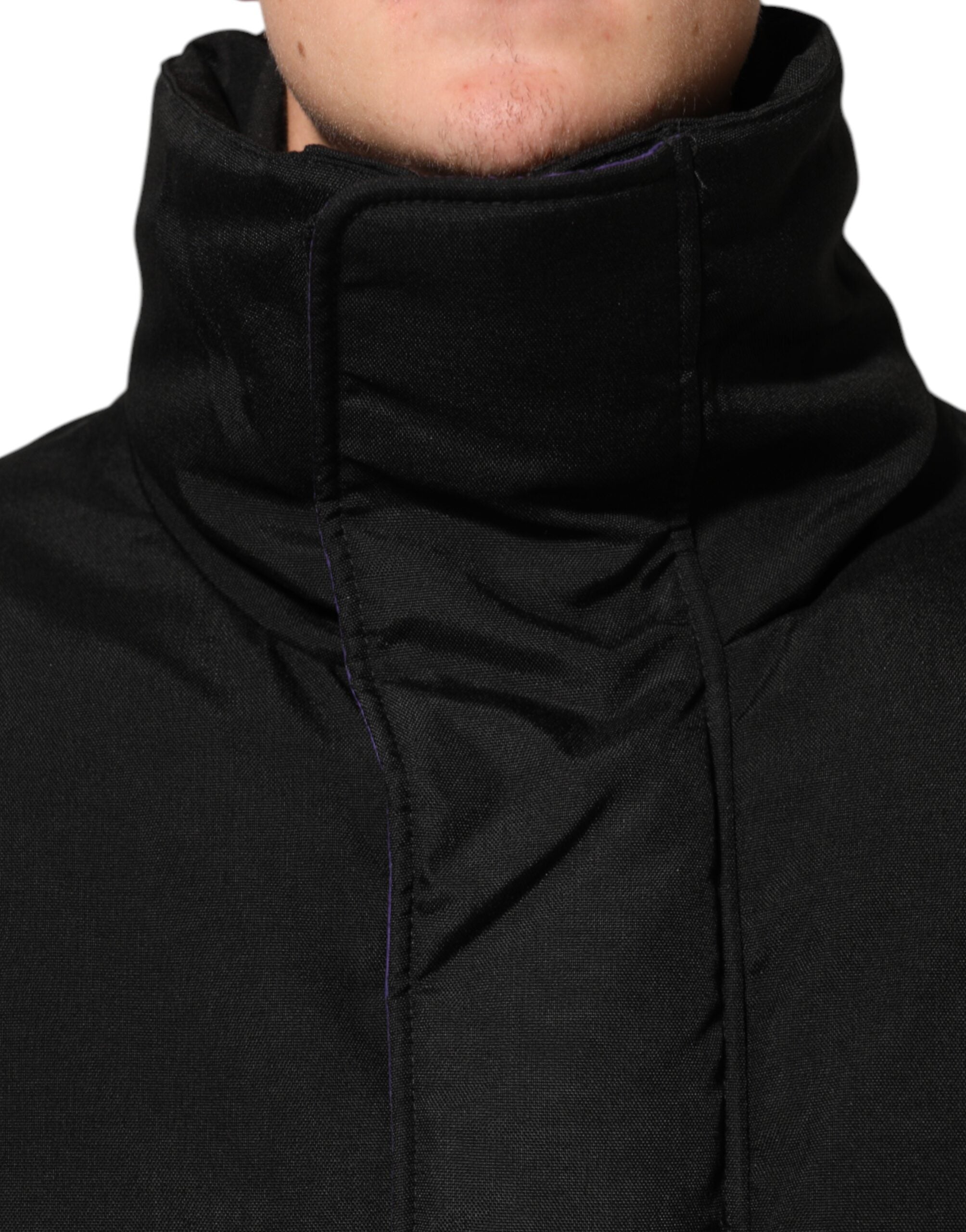 Dolce & Gabbana Sort Nylon Puffer Herre Jakke med fuld lynlås