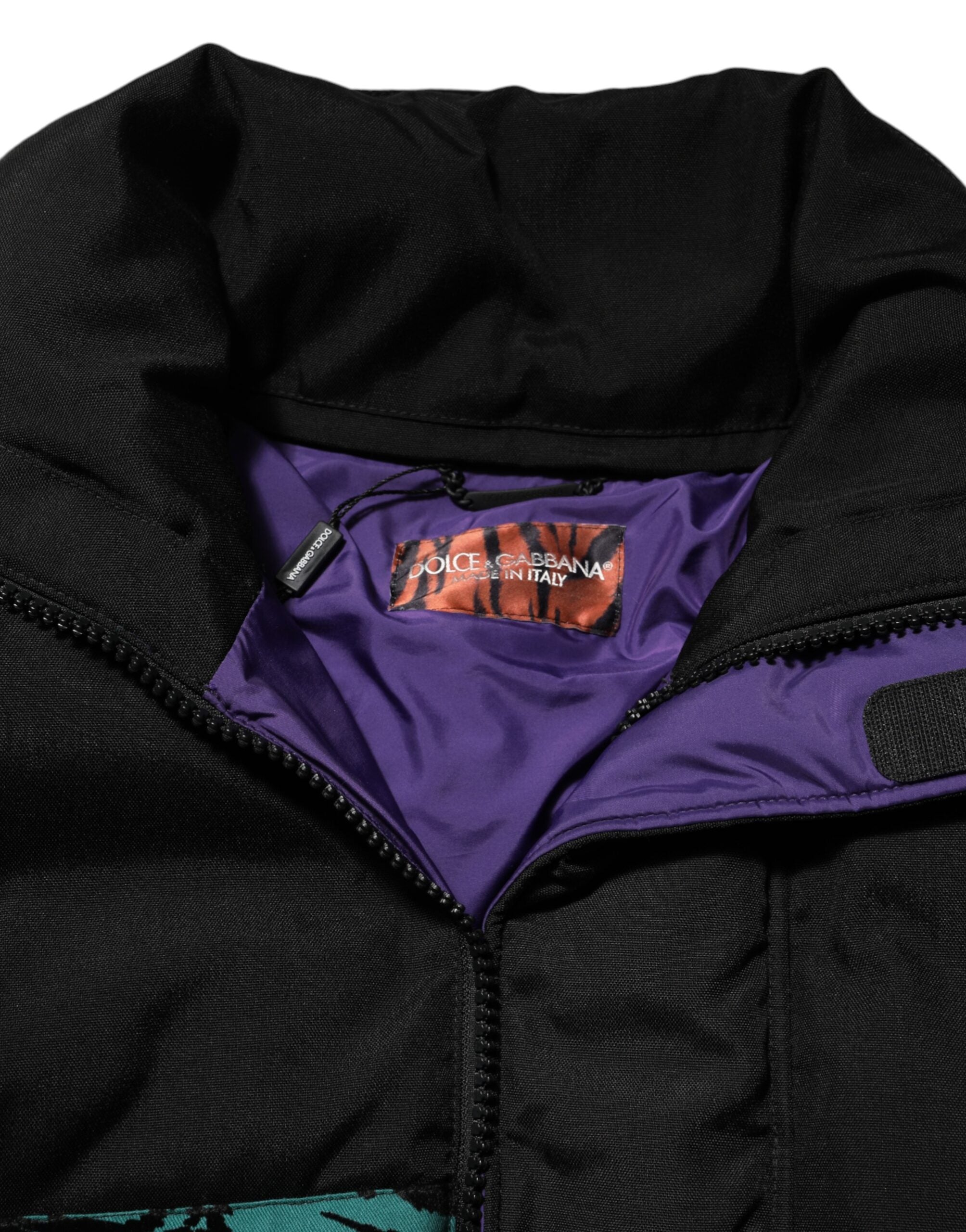 Dolce & Gabbana Sort Nylon Puffer Herre Jakke med fuld lynlås