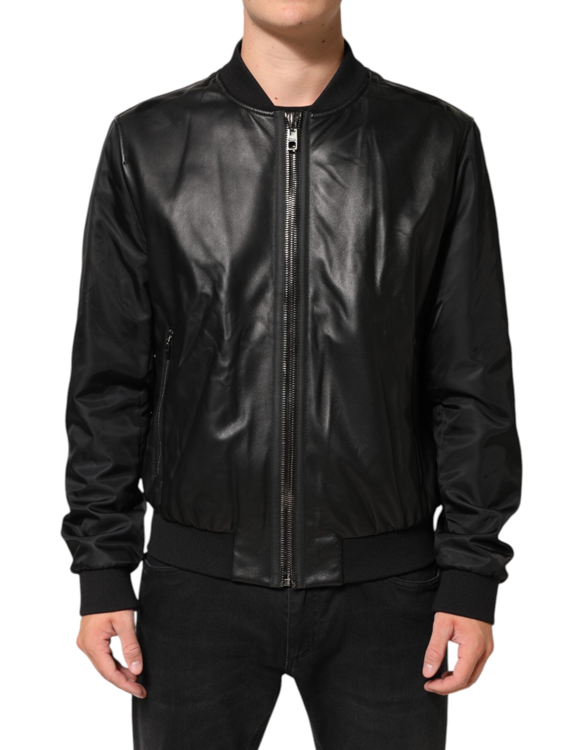 Dolce & Gabbana Sort Læder Nylon Full Zip Blouson Jakke