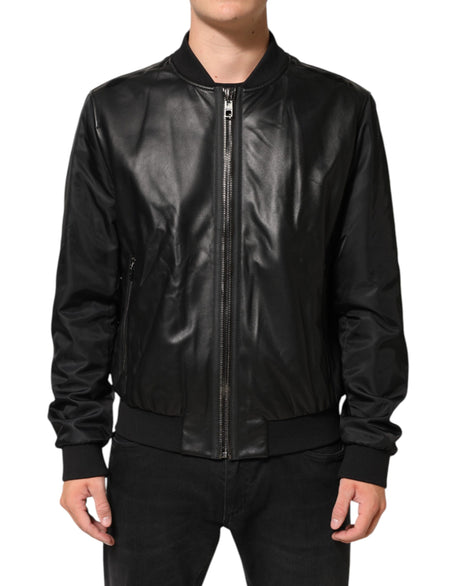 Dolce &amp; Gabbana Sort Læder Nylon Full Zip Blouson Jakke