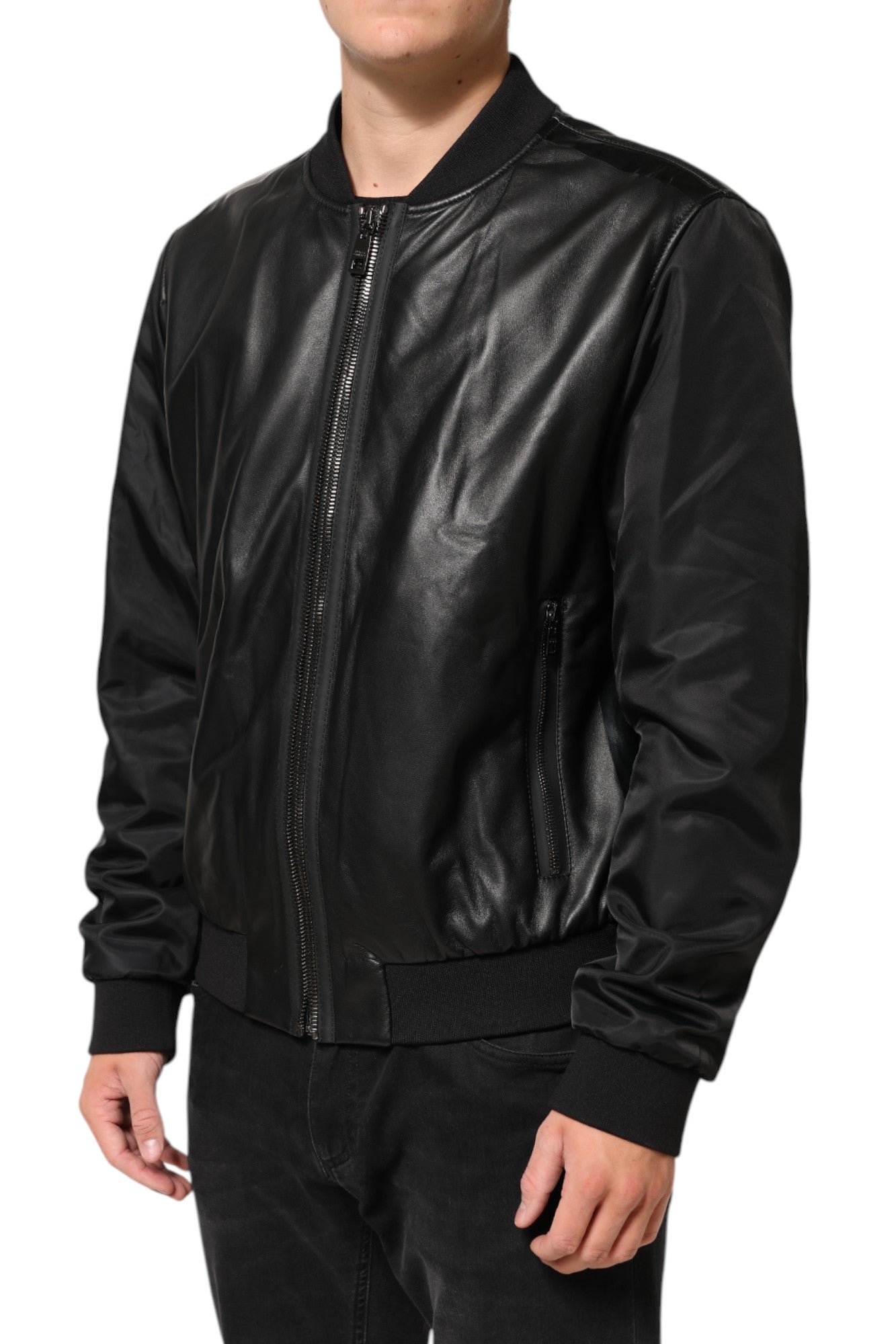 Dolce & Gabbana Sort Læder Nylon Full Zip Blouson Jakke