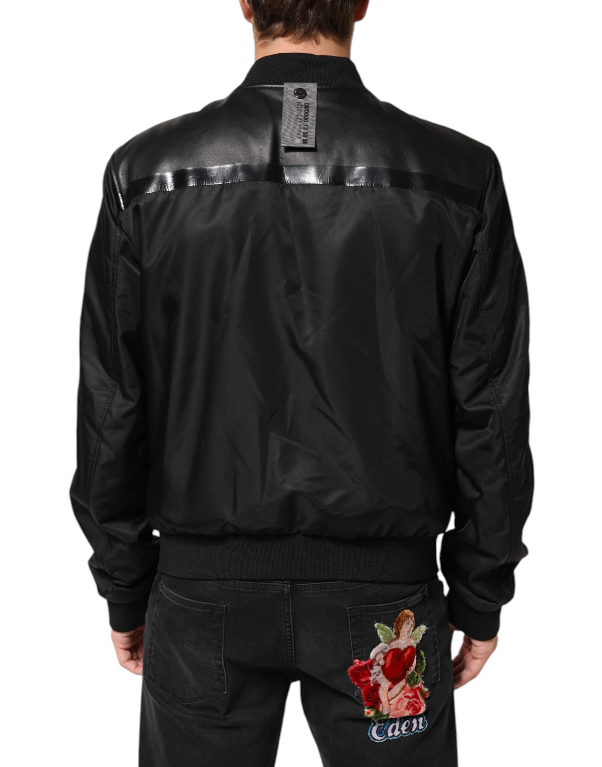 Dolce & Gabbana Sort Læder Nylon Full Zip Blouson Jakke
