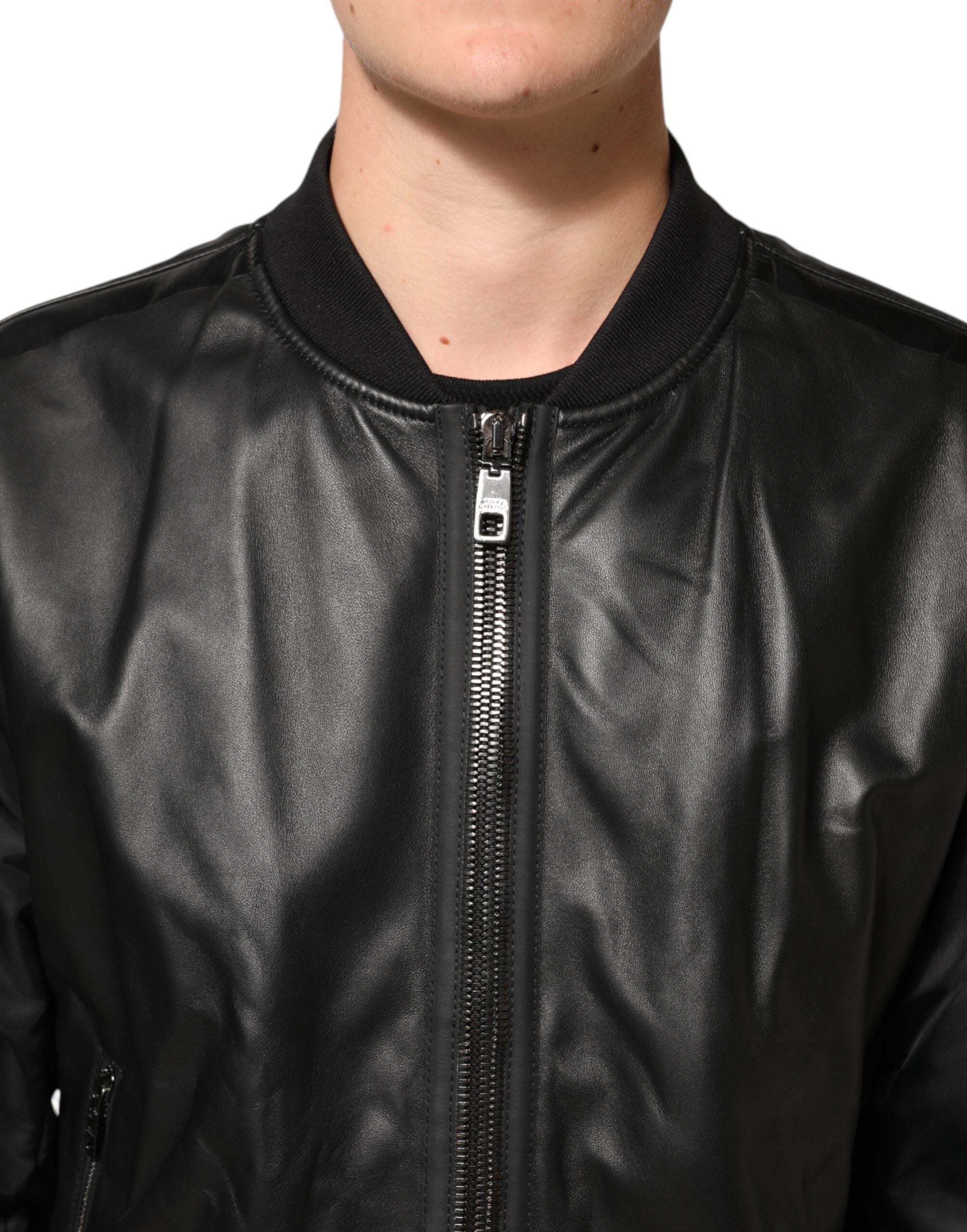 Dolce & Gabbana Sort Læder Nylon Full Zip Blouson Jakke
