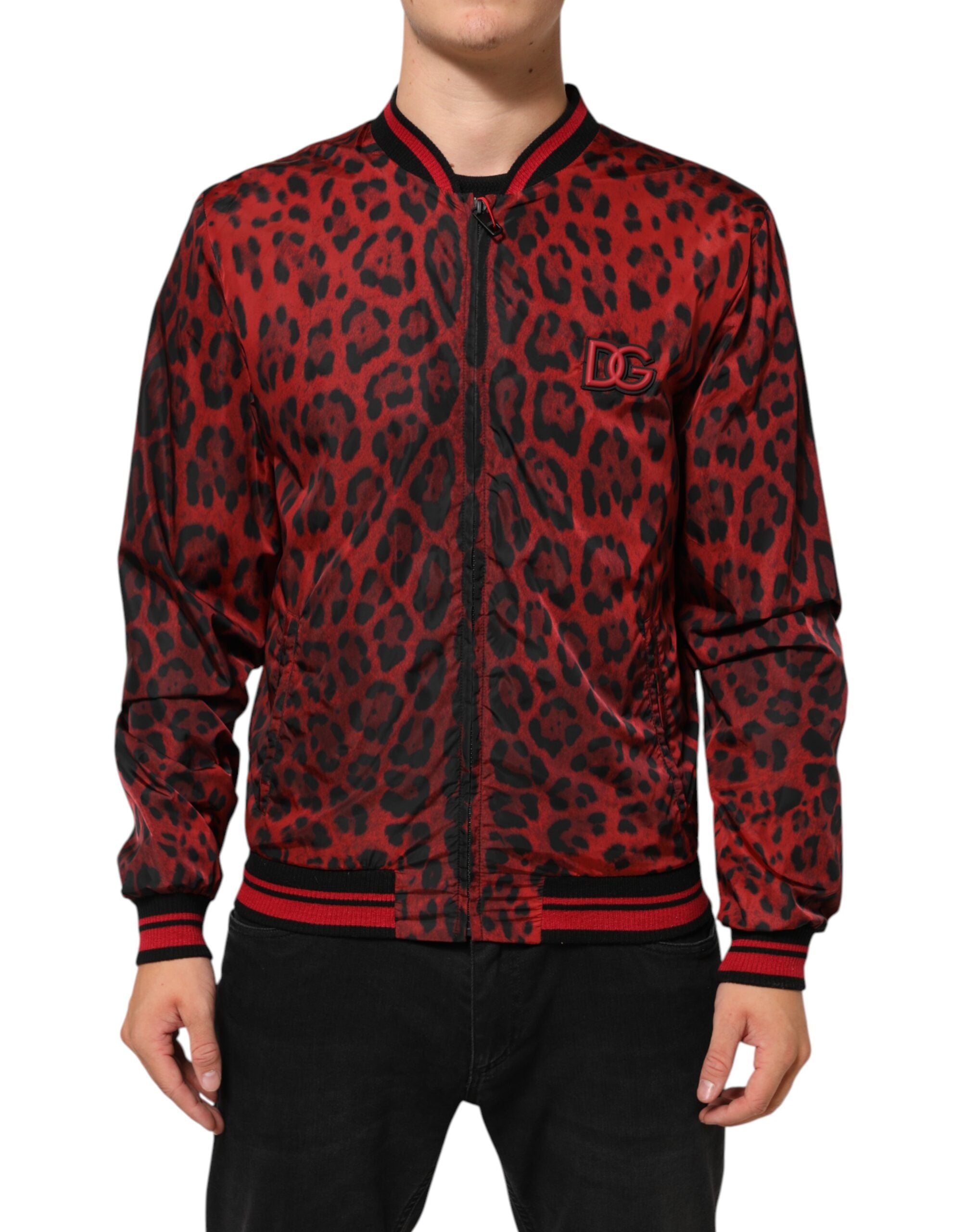 Dolce &amp; Gabbana Röd Leopardmönstrad Full Zip Bomberjacka Herr