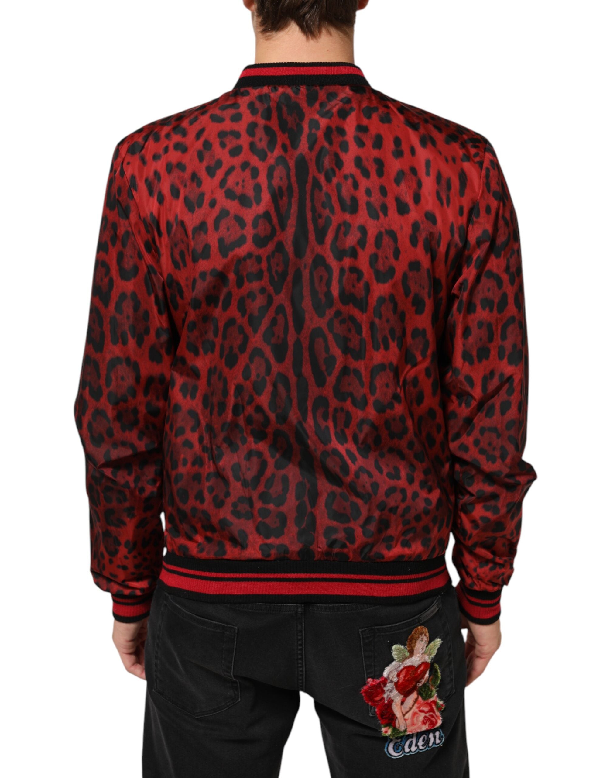 Dolce &amp; Gabbana Röd Leopardmönstrad Full Zip Bomberjacka Herr