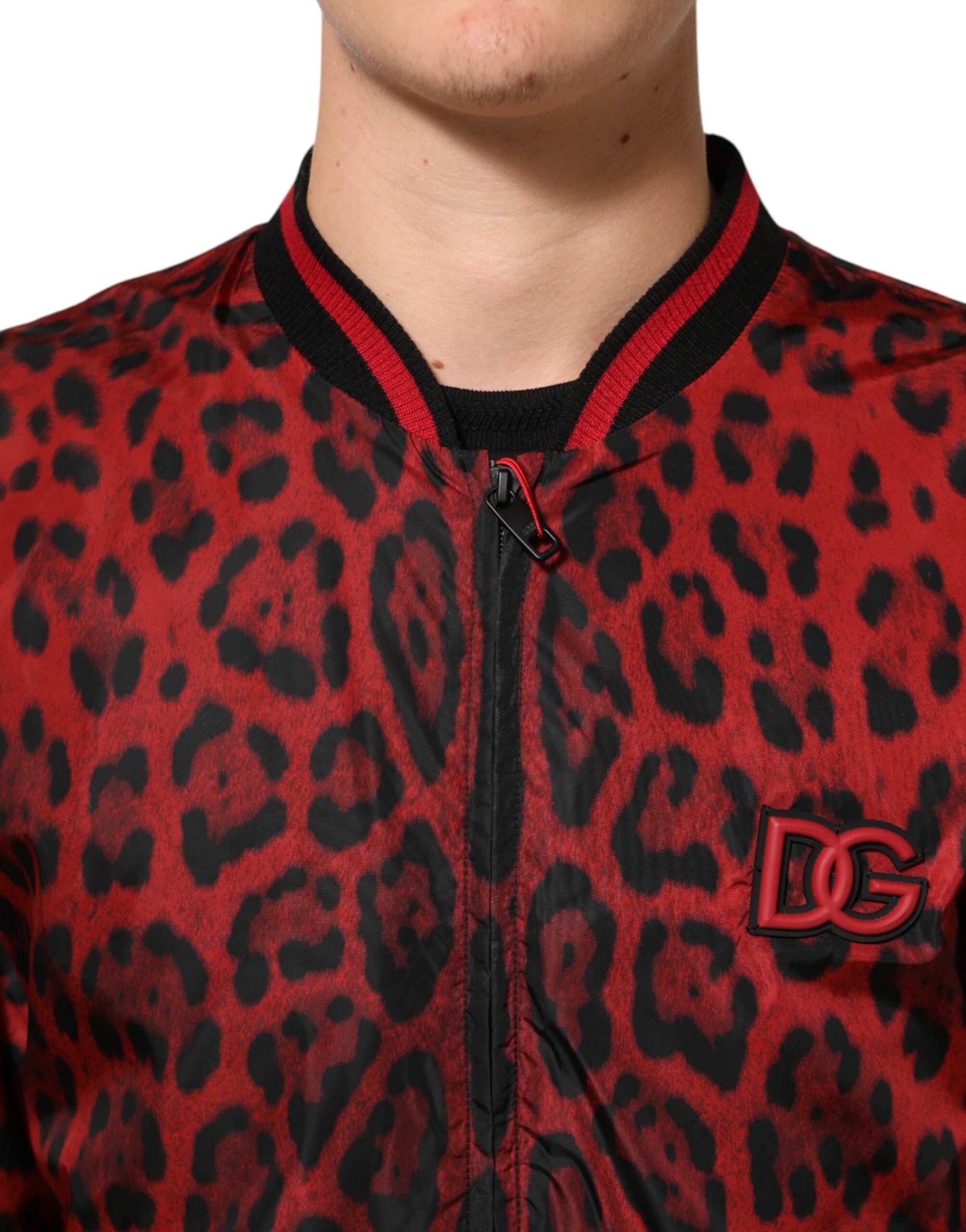 Dolce &amp; Gabbana Röd Leopardmönstrad Full Zip Bomberjacka Herr