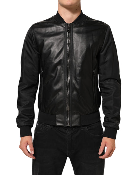 Dolce &amp; Gabbana Sort Læder Nylon Full Zip Blouson Jakke