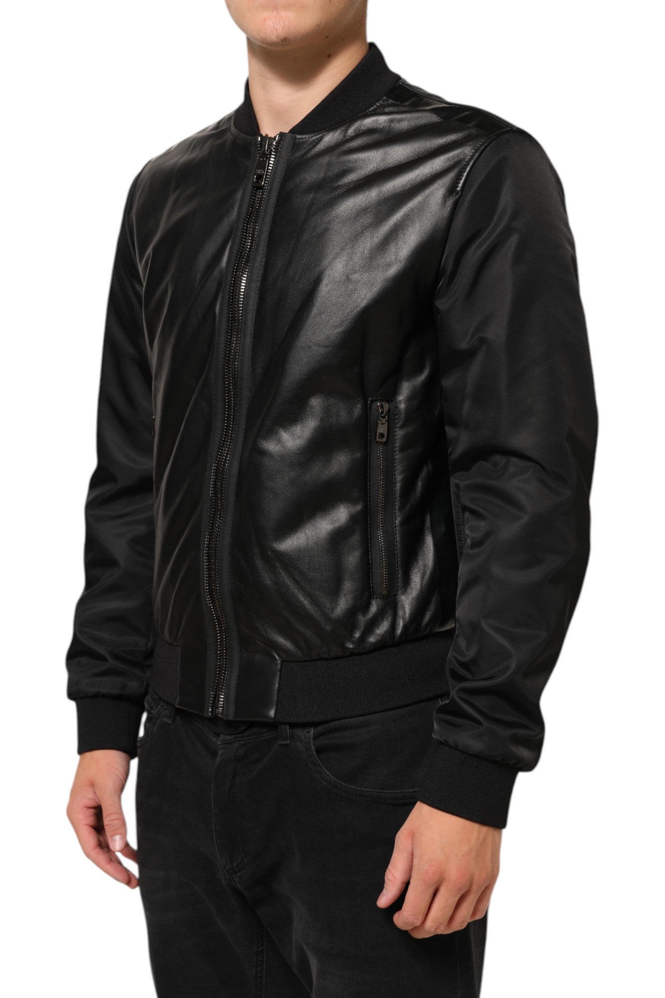 Dolce & Gabbana Sort Læder Nylon Full Zip Blouson Jakke