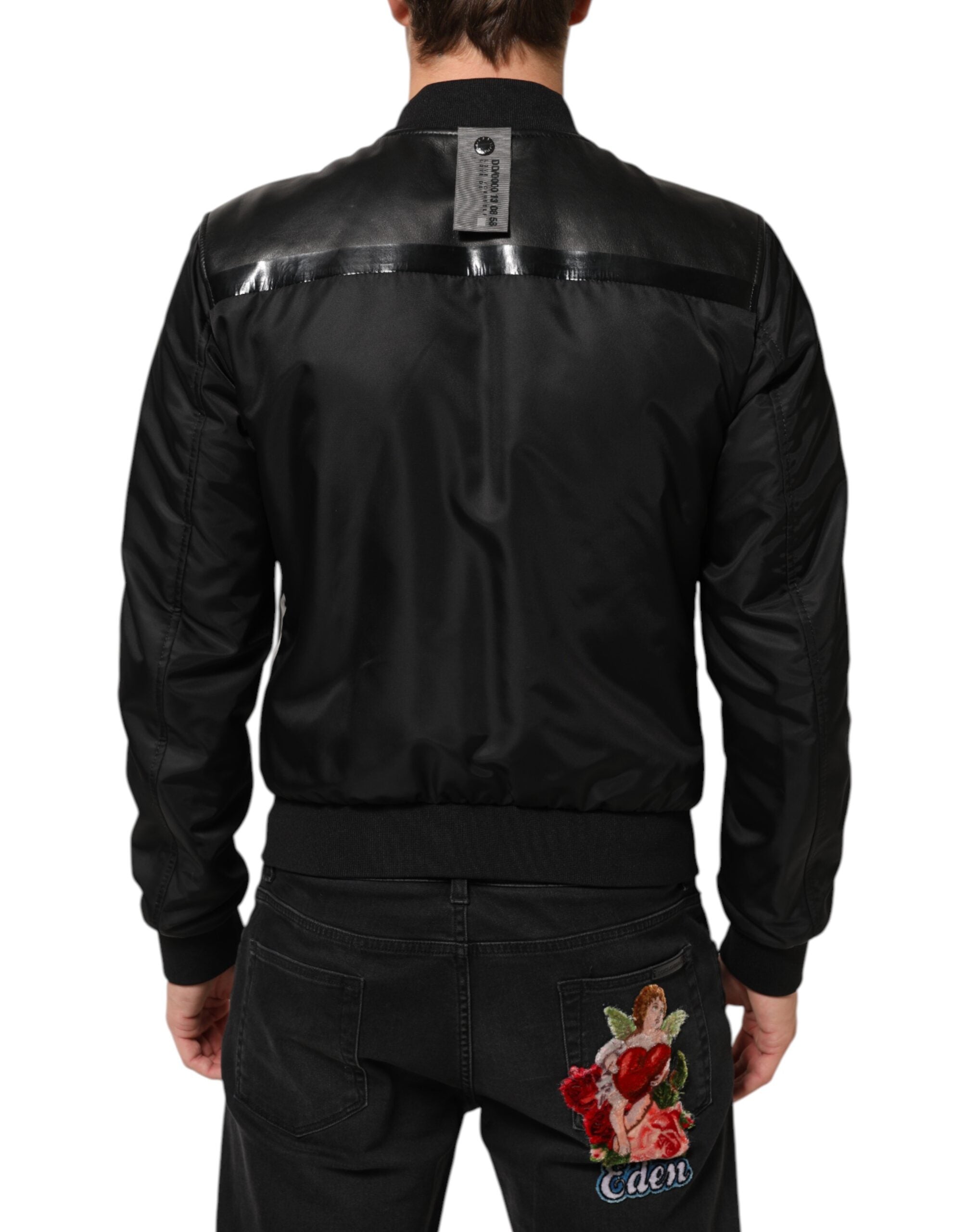 Dolce & Gabbana Sort Læder Nylon Full Zip Blouson Jakke