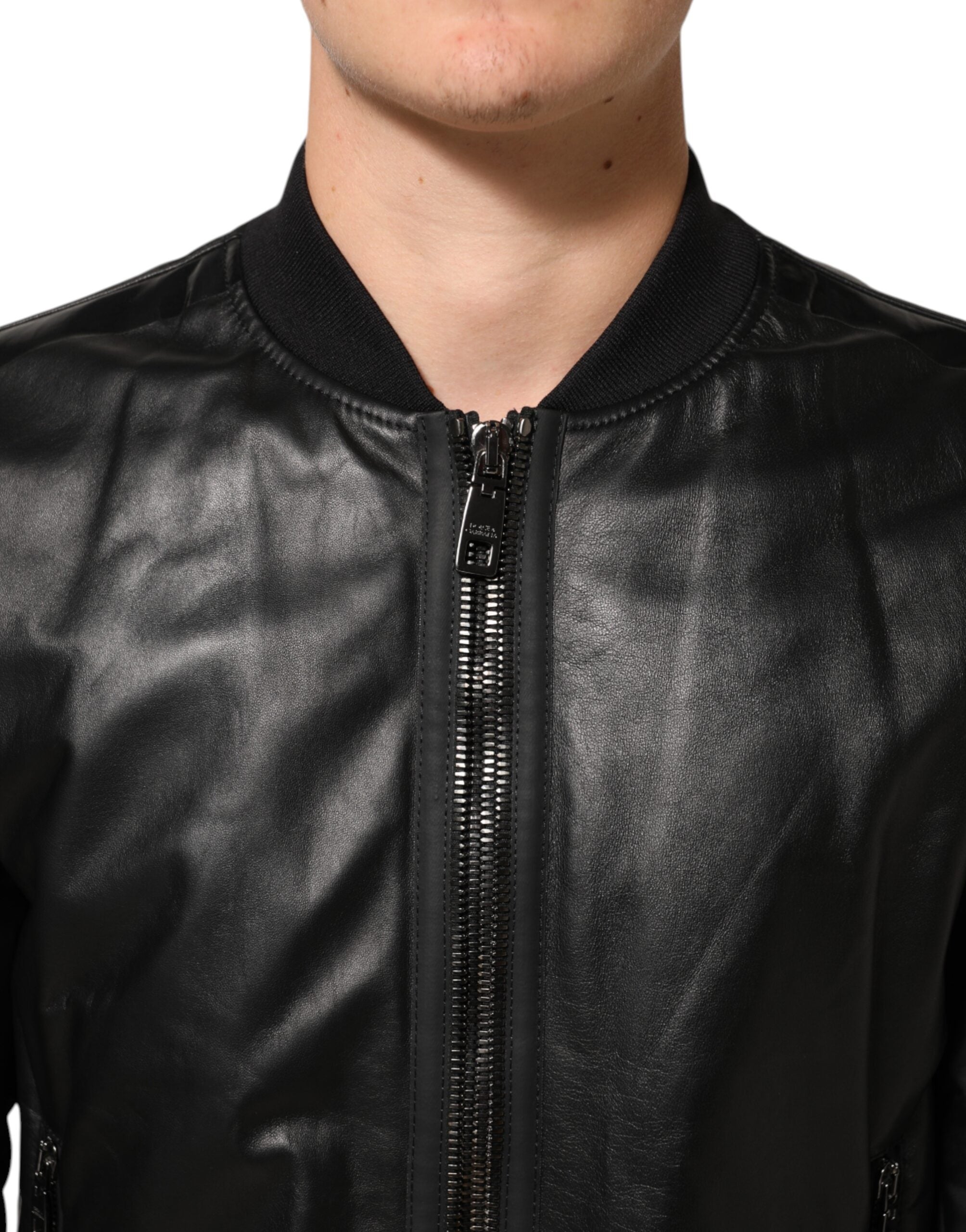 Dolce & Gabbana Sort Læder Nylon Full Zip Blouson Jakke