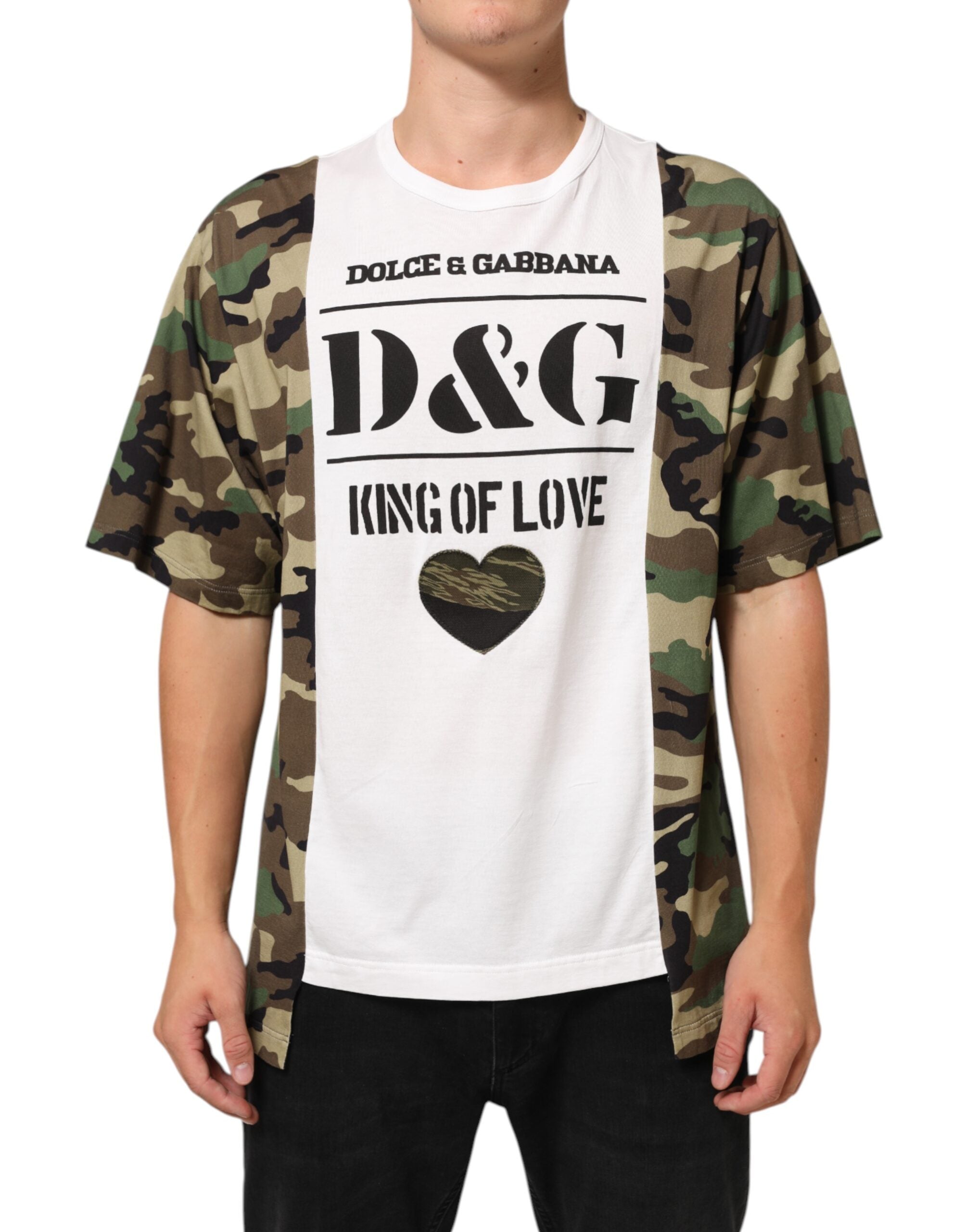 Dolce & Gabbana Hvid Logo Camouflage Rund Hals Herre T-shirt