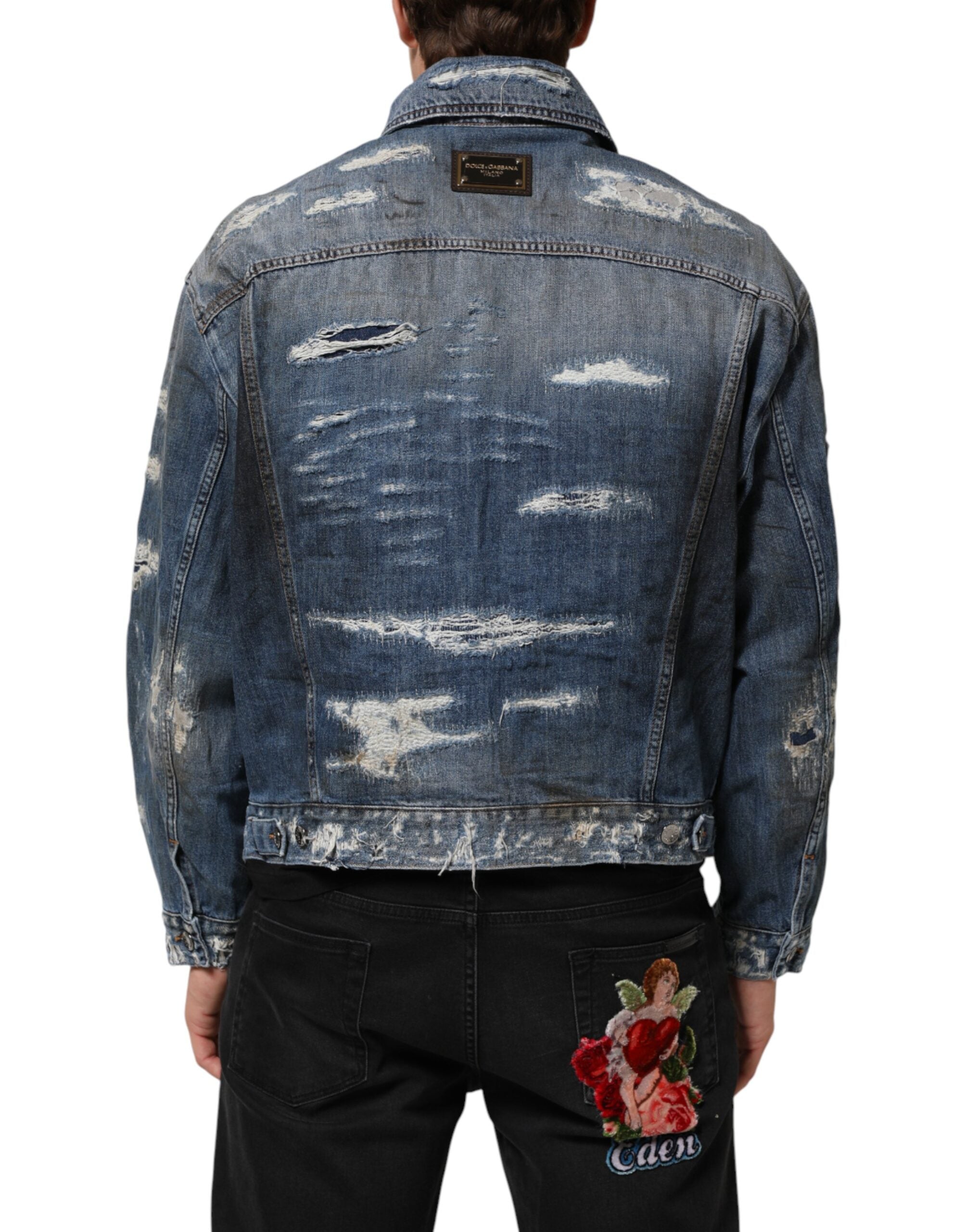 Dolce & Gabbana Blå bomulds-blousonjakke i denim med slid