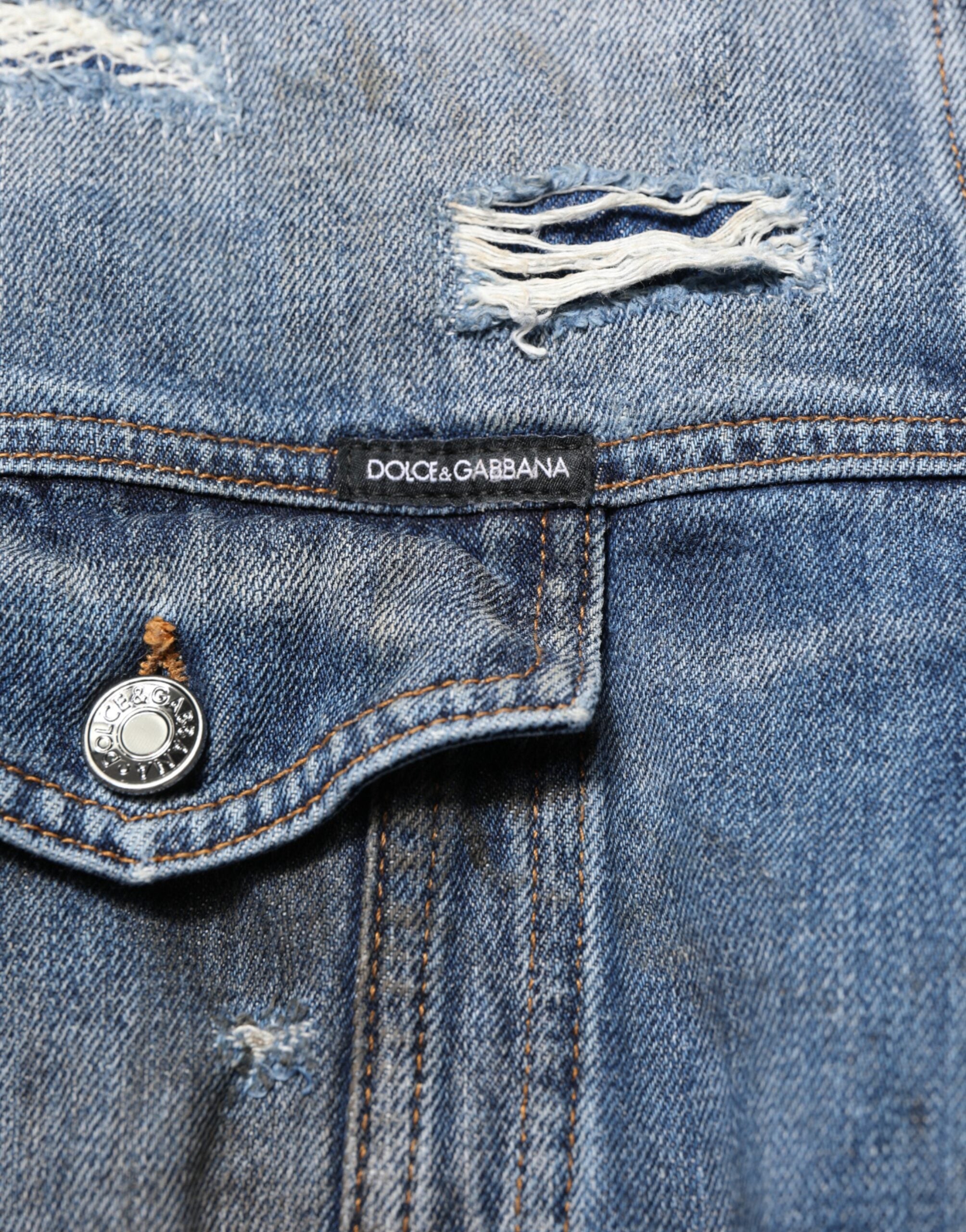 Dolce & Gabbana Blå bomulds-blousonjakke i denim med slid