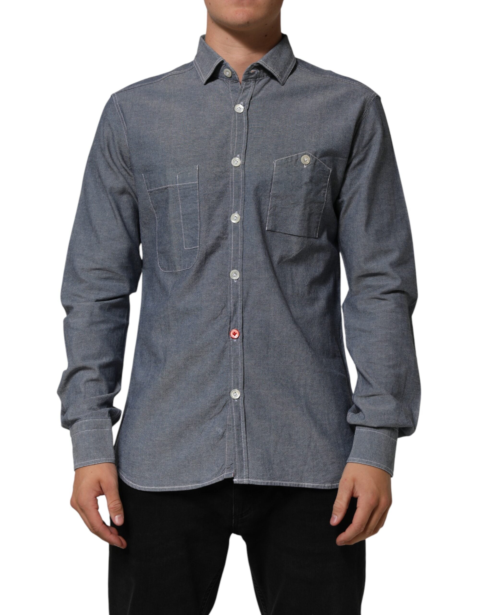 AGLINI Blue Denim Regular Fit Collared Long Sleeve Casual Shirt