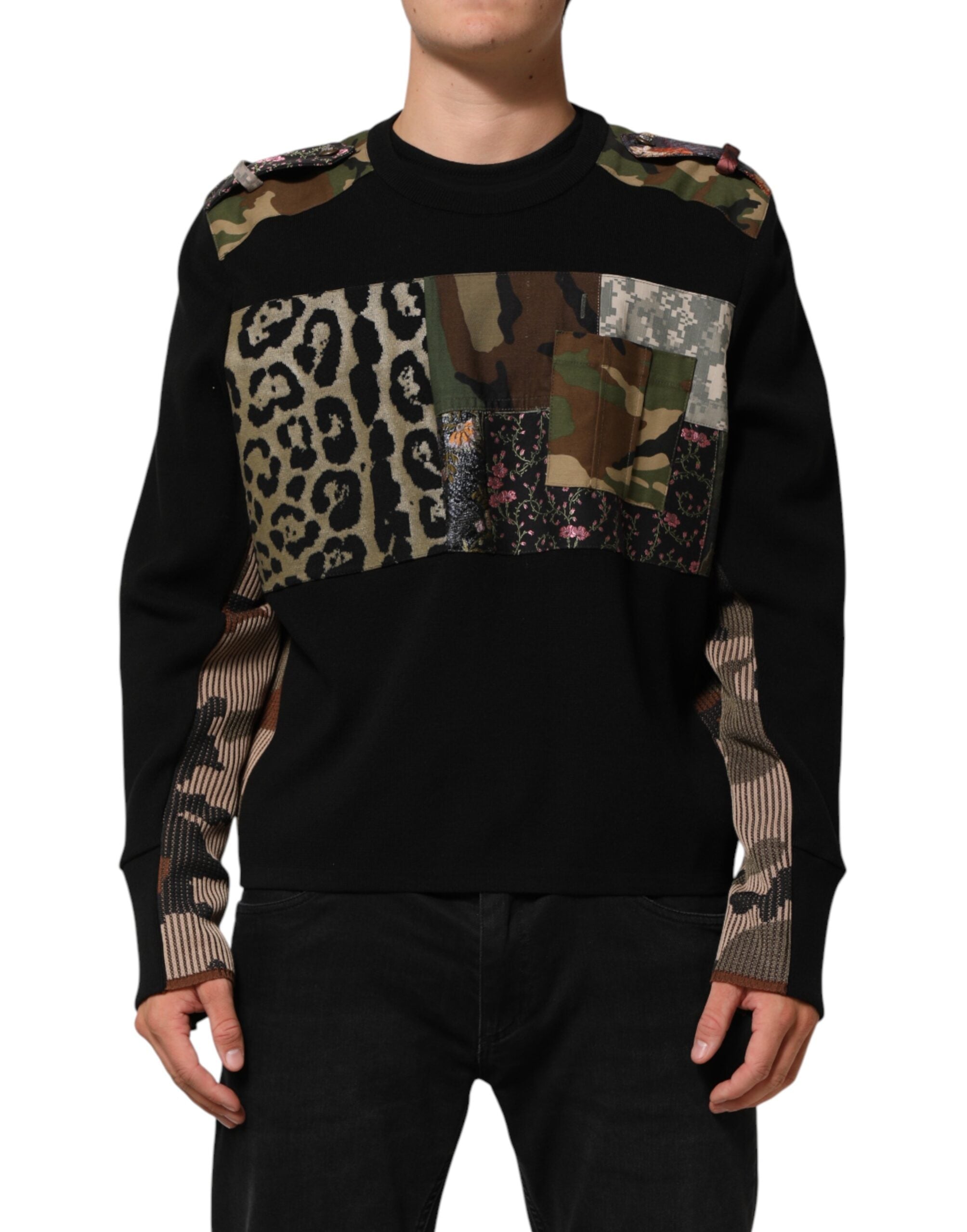 Dolce & Gabbana Sort Patchwork Rund Hals Pullover Sweater