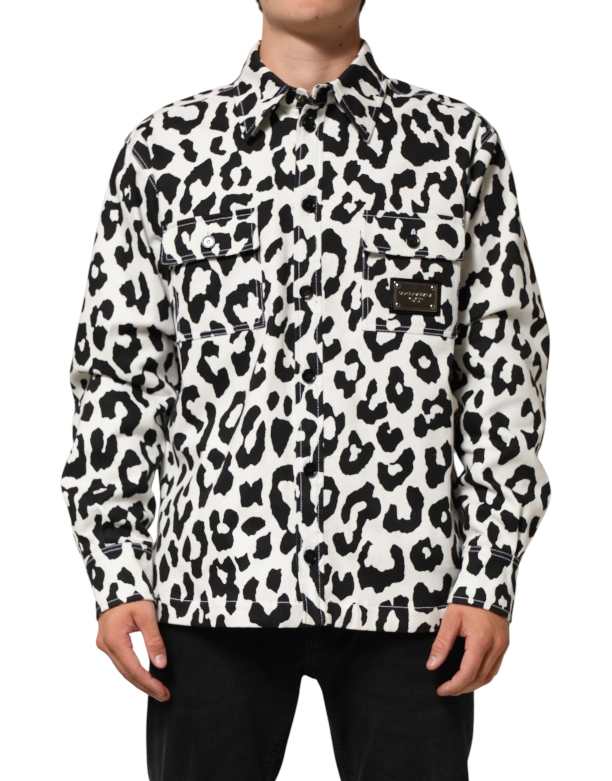 Dolce & Gabbana Sort Hvid Leopard Denim Blouson Sweater