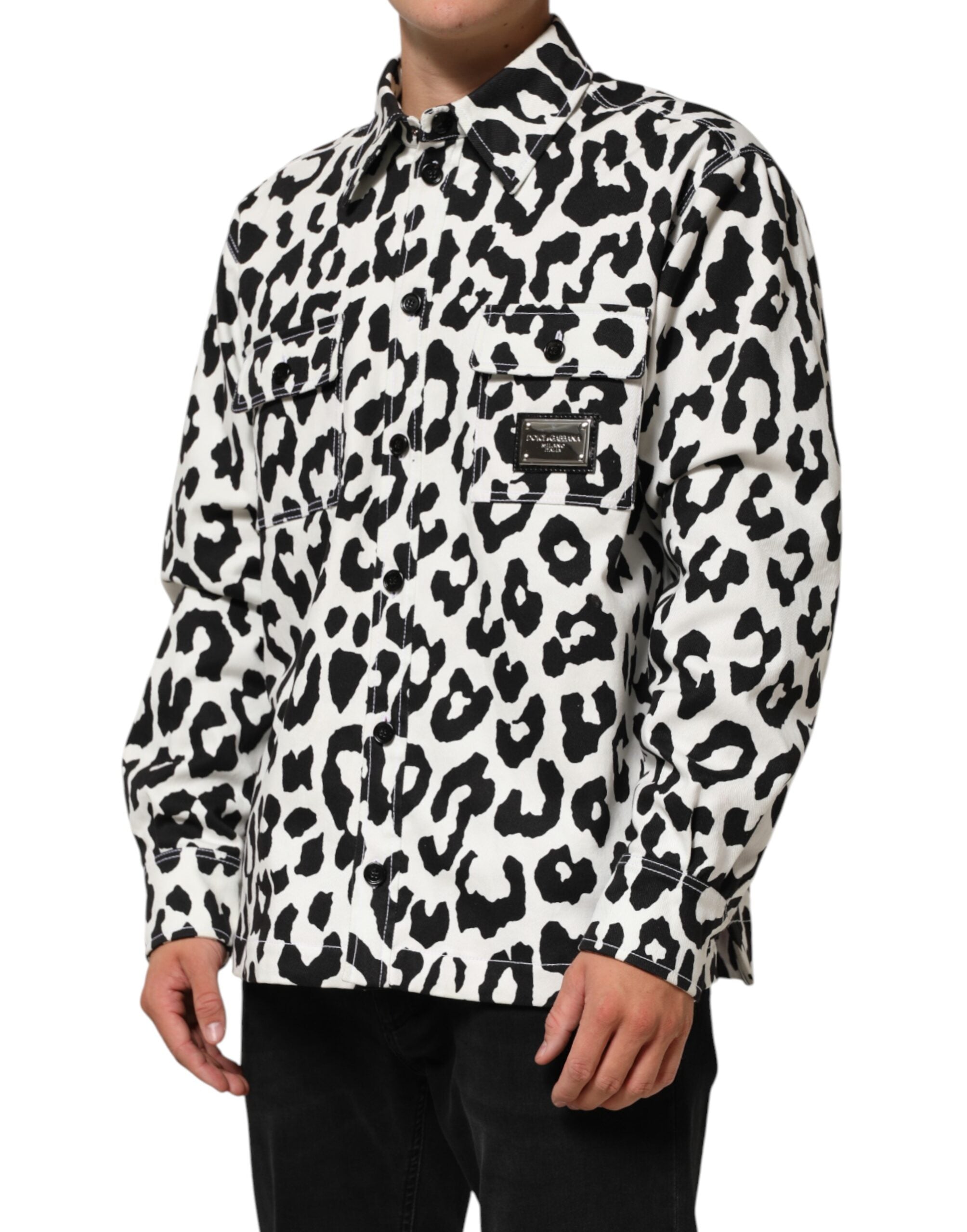 Dolce & Gabbana Sort Hvid Leopard Denim Blouson Sweater