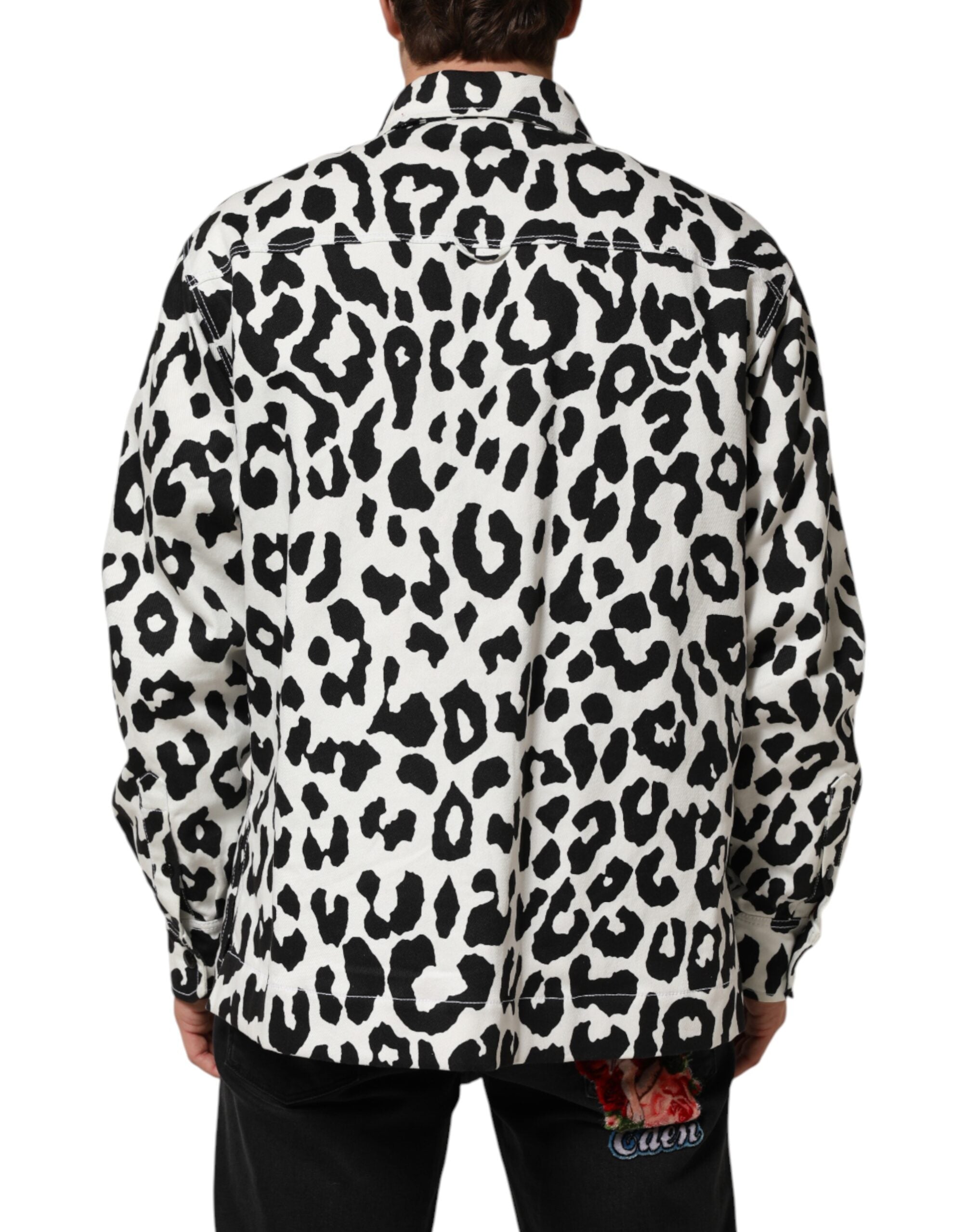 Dolce & Gabbana Sort Hvid Leopard Denim Blouson Sweater