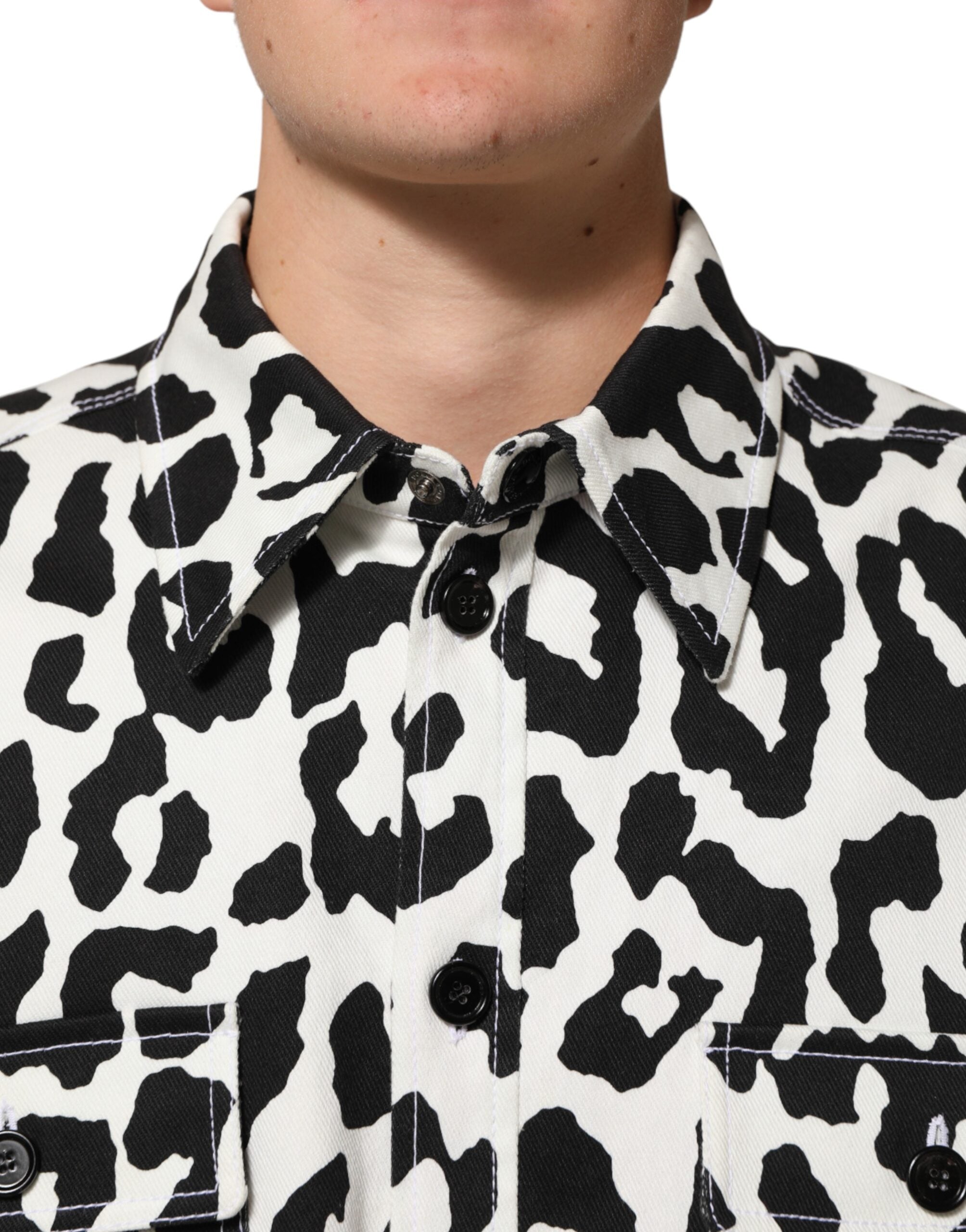 Dolce & Gabbana Sort Hvid Leopard Denim Blouson Sweater