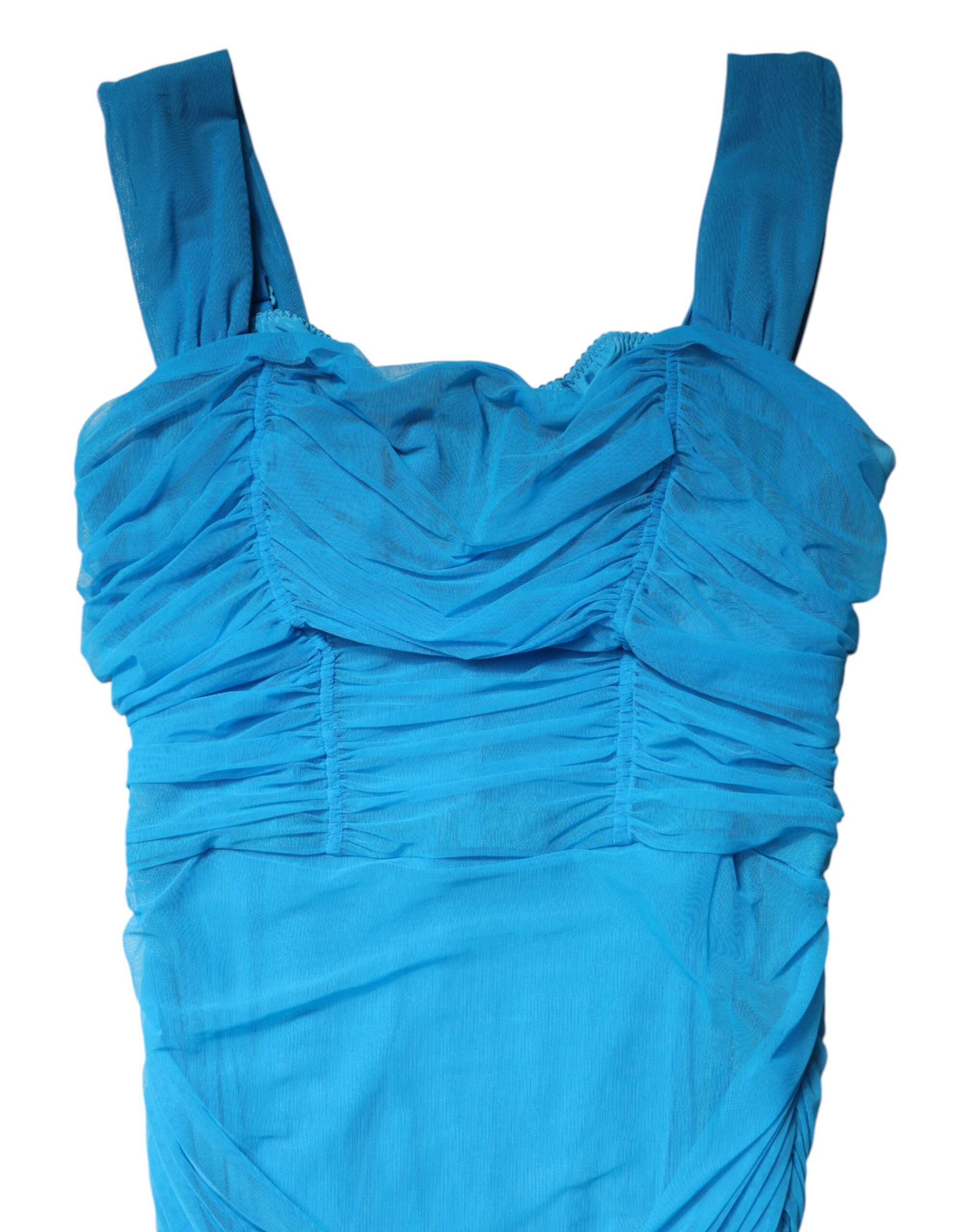 Dolce & Gabbana Blue Mesh Trim Ruched Tulle Skede Kjole