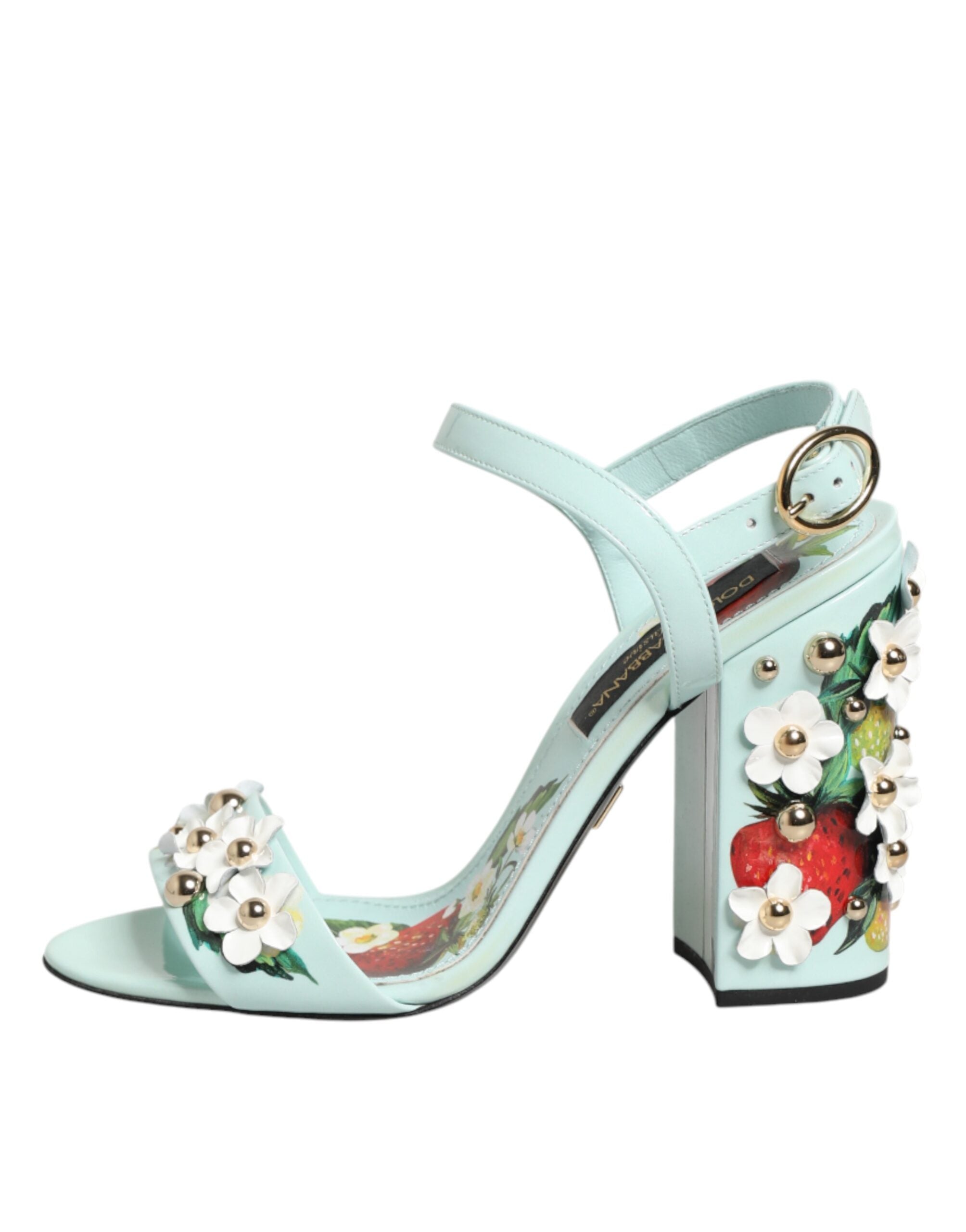 Dolce & Gabbana Mint Green Floral Studs Heels Sandals Shoes