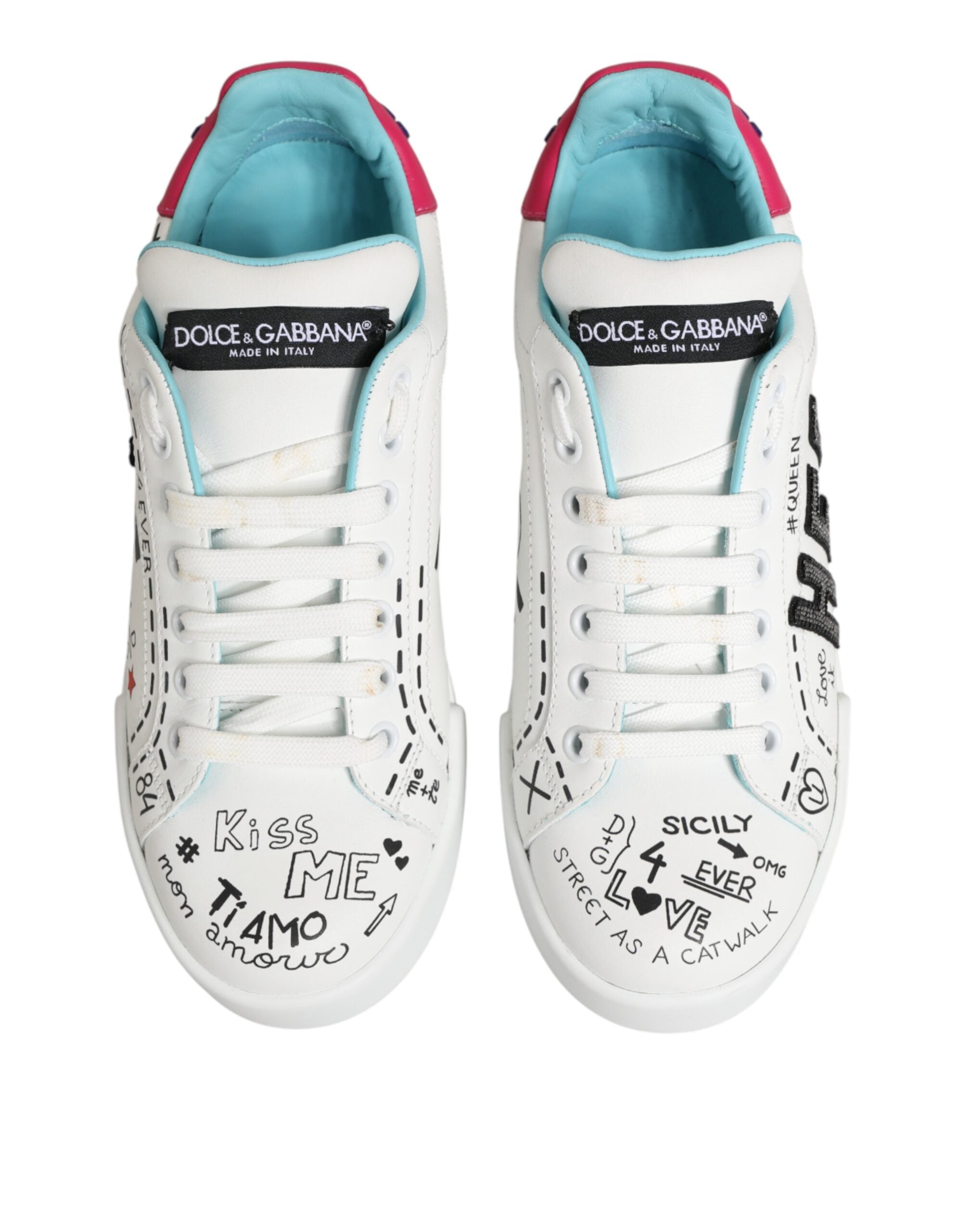 Dolce & Gabbana White Leather Graffiti Low Top Sneakers Shoes