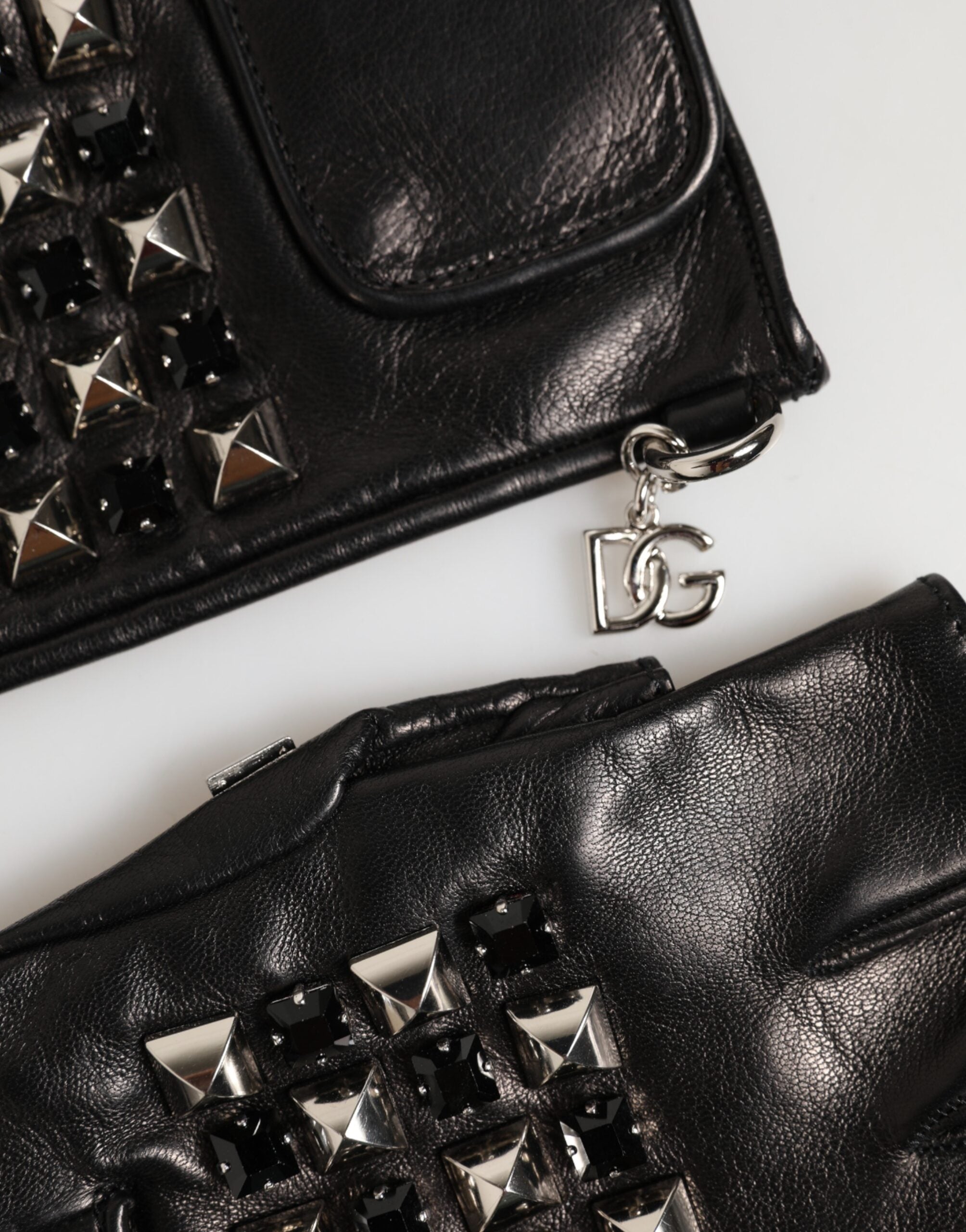 Dolce & Gabbana Black Leather Studded Fingerless Hand Mitten Men Gloves