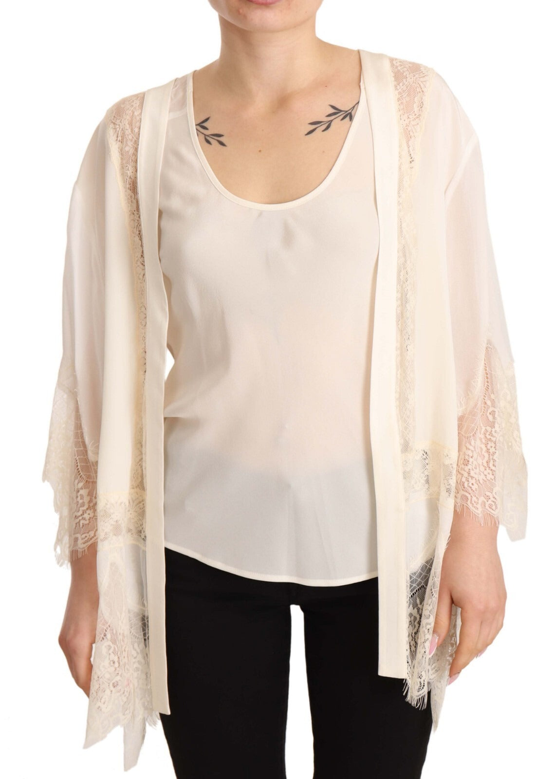 Twinset Off White Tank Lace Trim Cardigan Dame Bluse Toppe