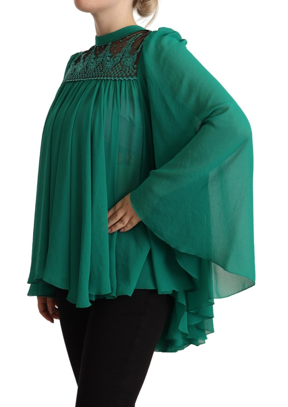 Philosophy Grøn Blonde Polyester Langærmet Plisseret Topbluse