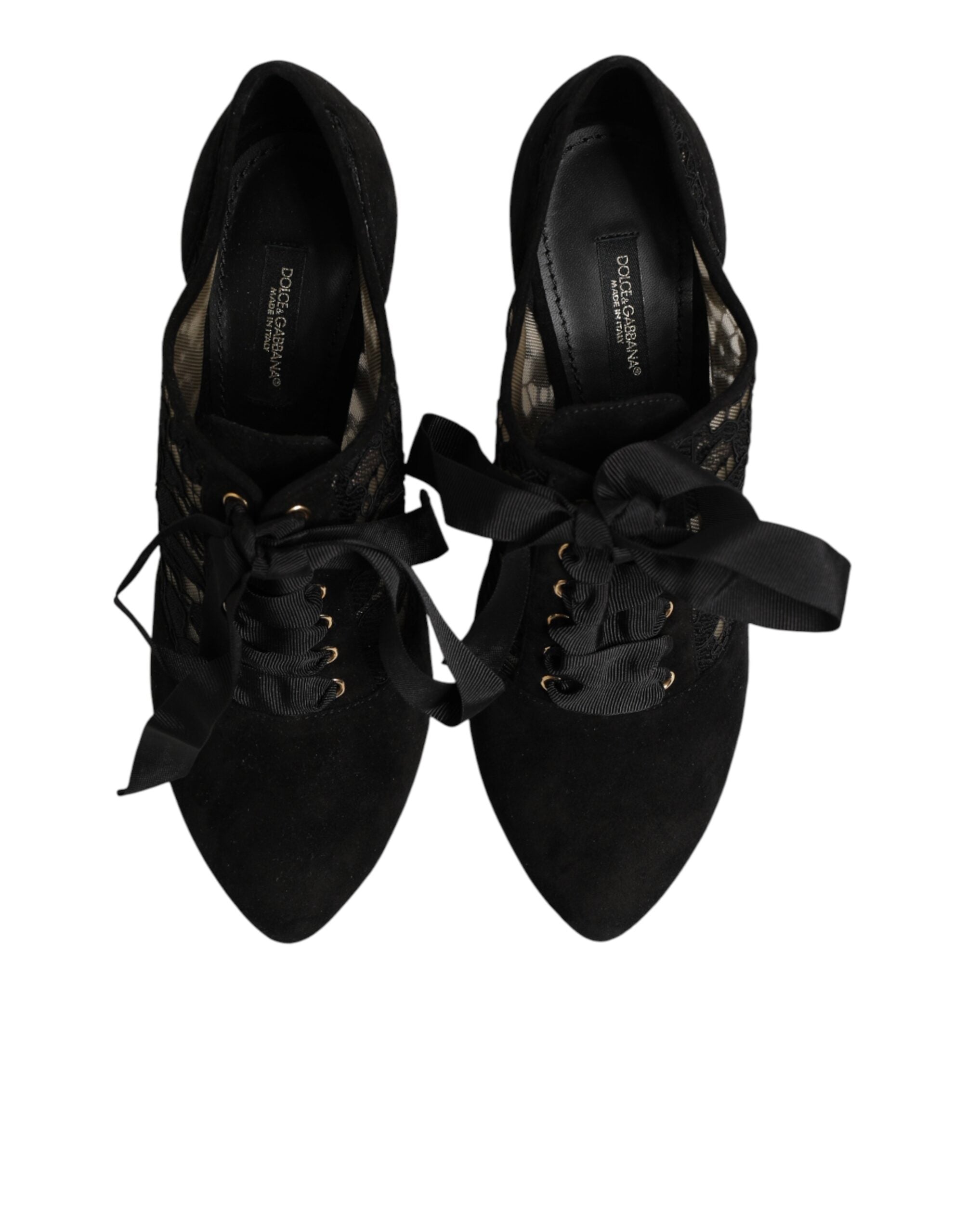 Dolce & Gabbana Black Floral High Heels LACE-UPS Pumps Shoes
