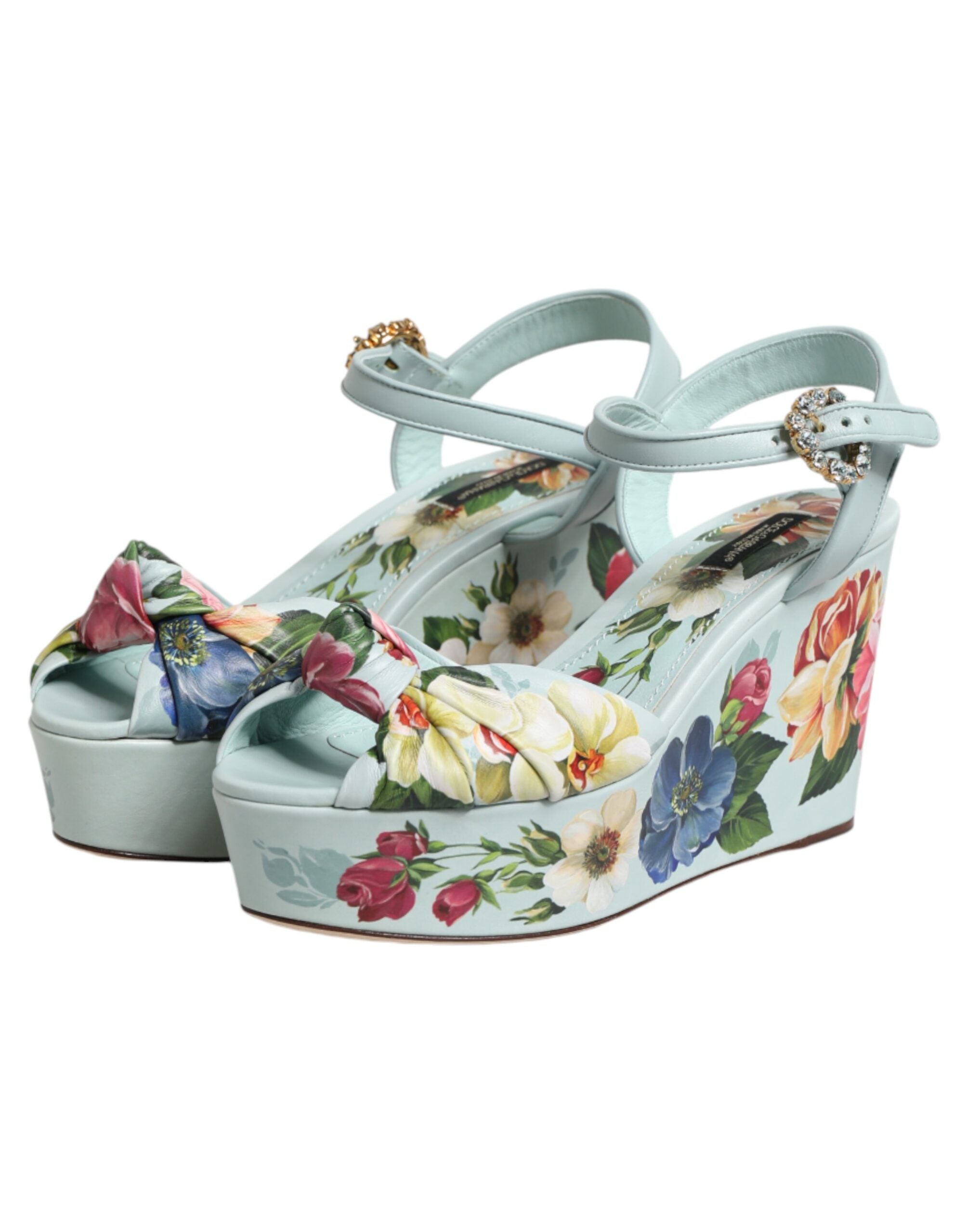 Dolce &amp; Gabbana Grønne Blomster Ankelrem Kilesandaler Sko
