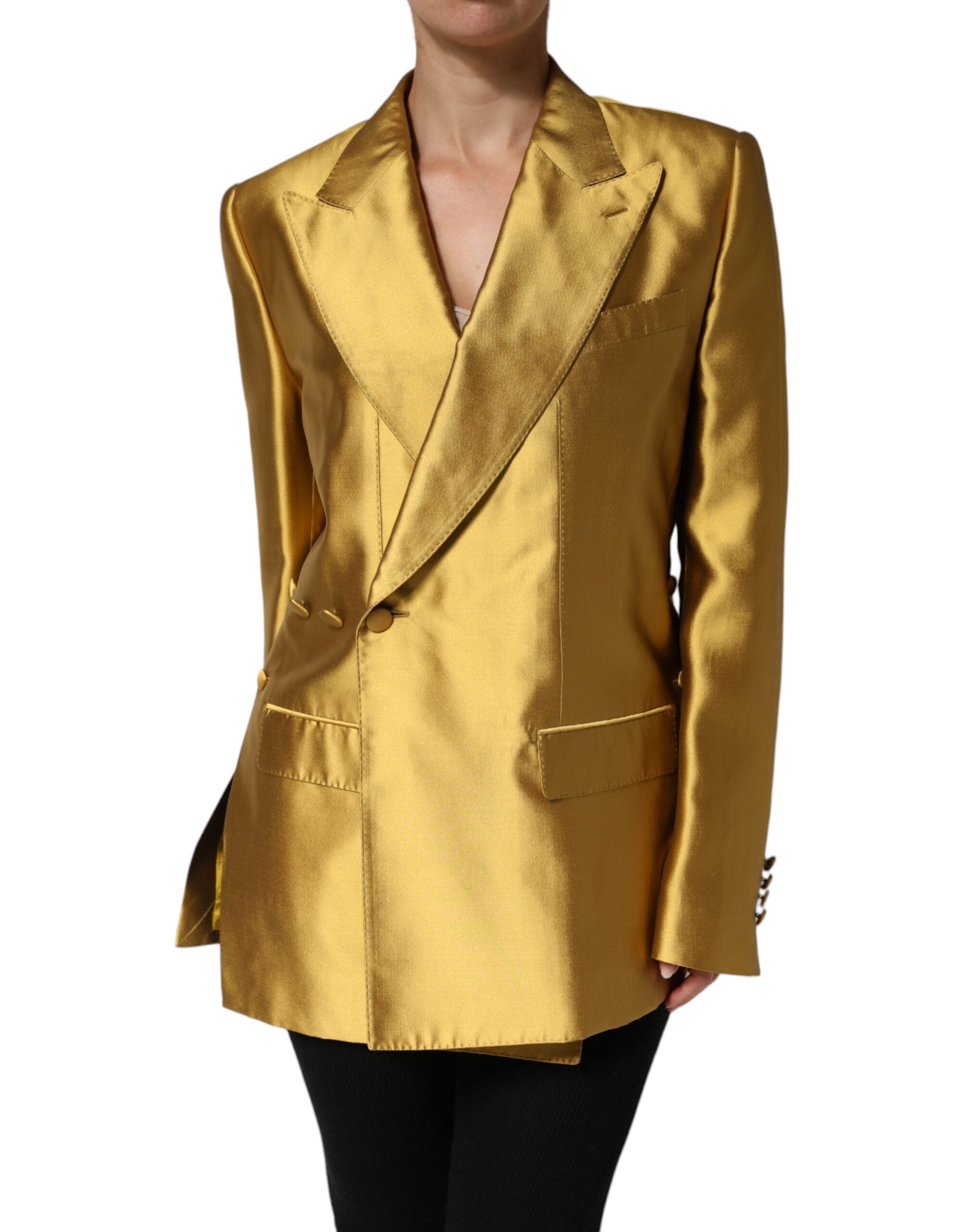 Dolce & Gabbana Gold Satin Langærmet Blazer Coat Jakke