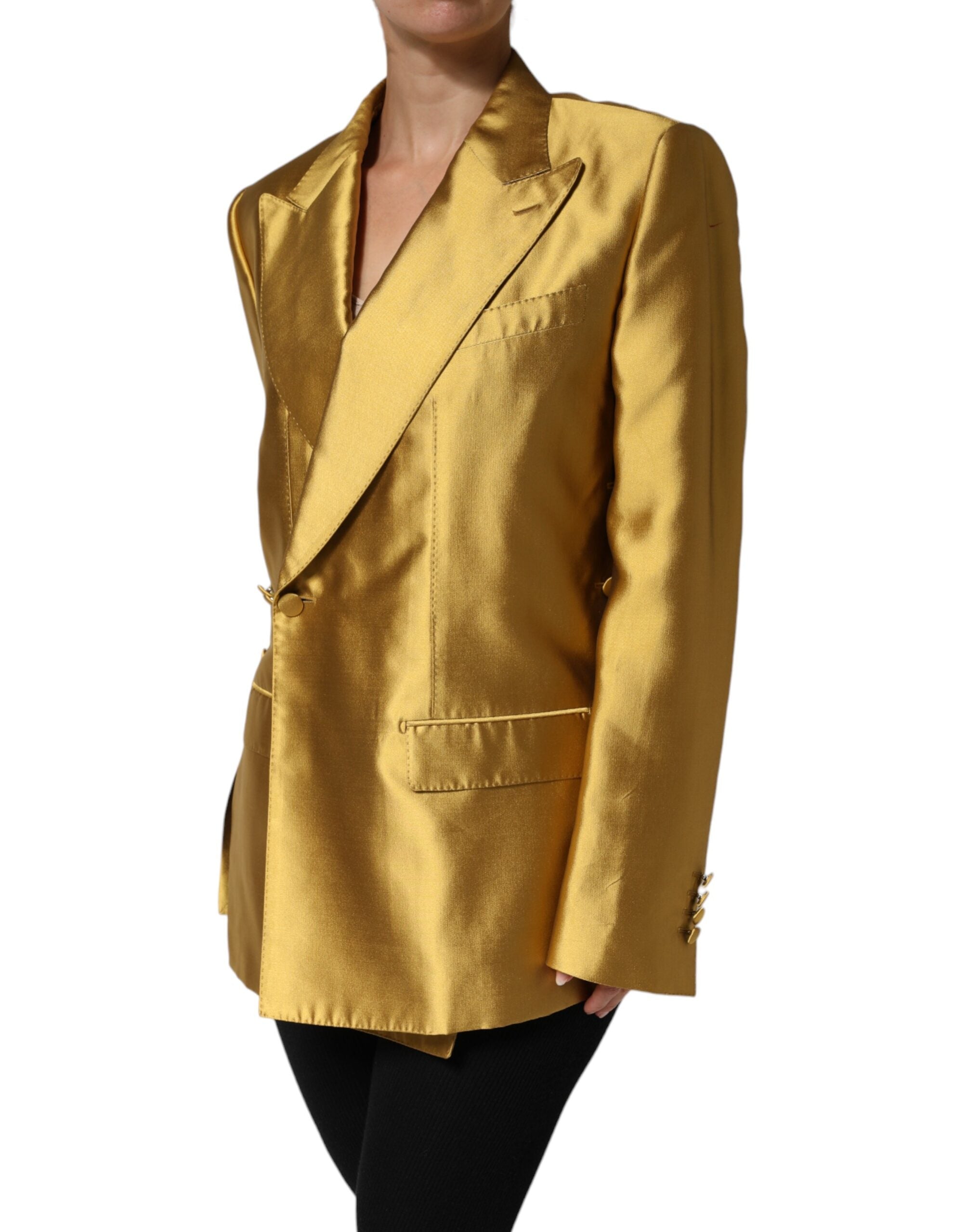 Dolce & Gabbana Gold Satin Langærmet Blazer Coat Jakke