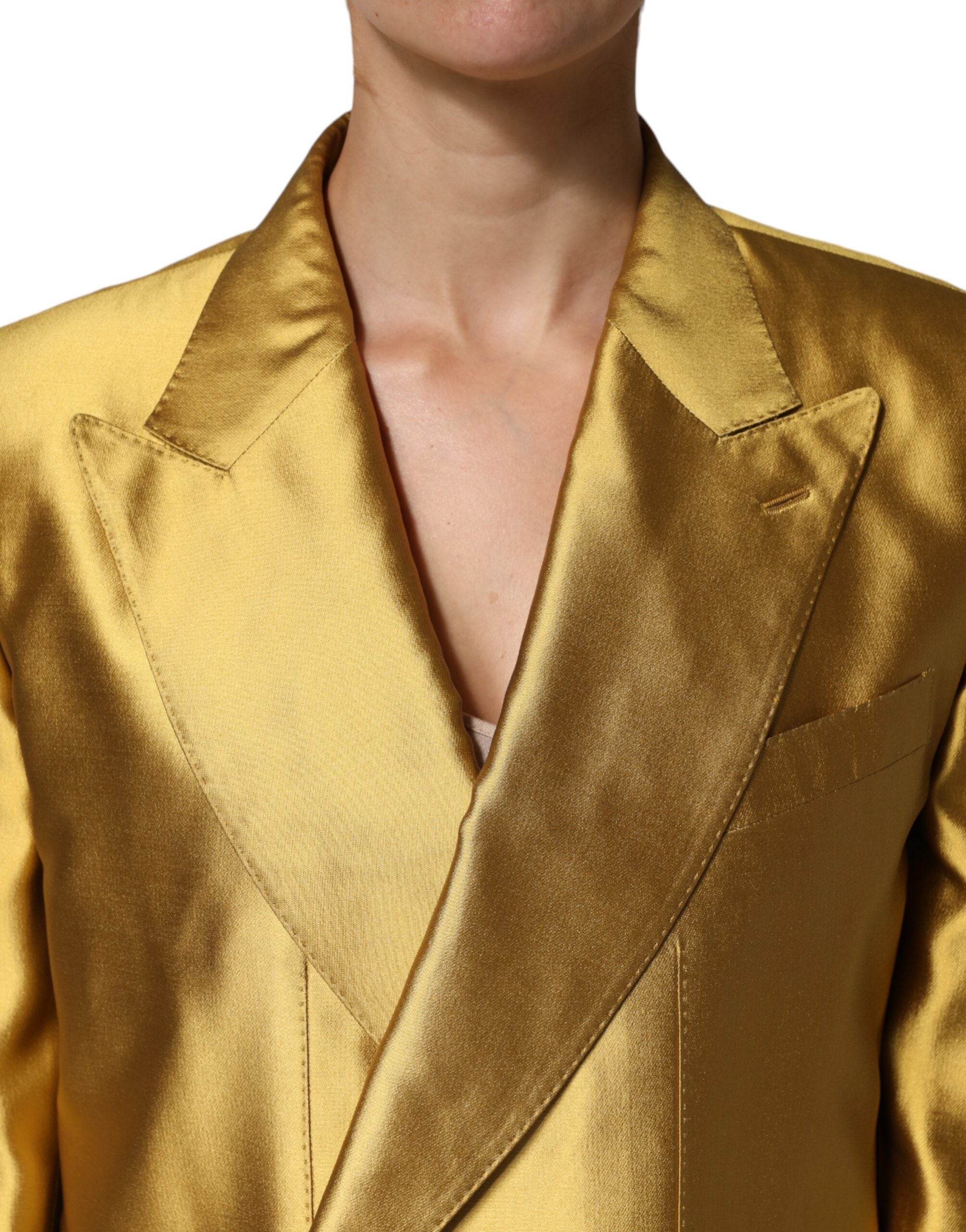 Dolce &amp; Gabbana Gold Satin Langærmet Blazer Coat Jakke