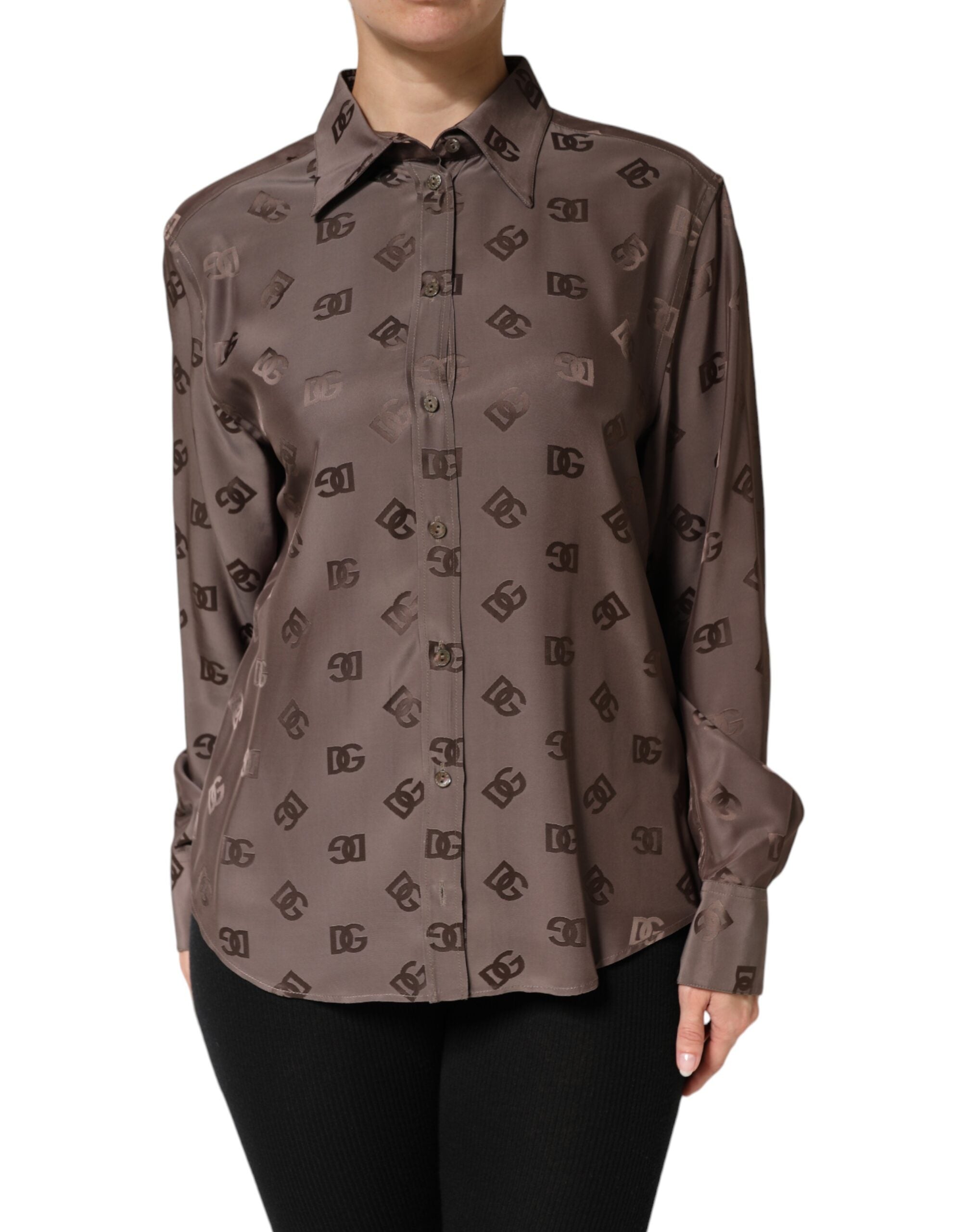 Dolce &amp; Gabbana Brun Skjortop med Lange Ærmer og Logo, Krave