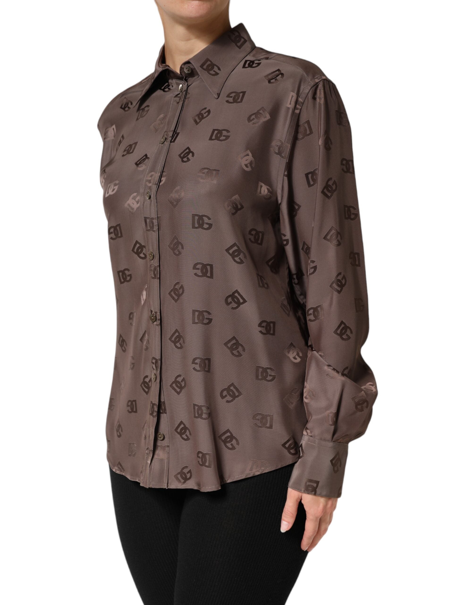 Dolce &amp; Gabbana Brun Skjortop med Lange Ærmer og Logo, Krave