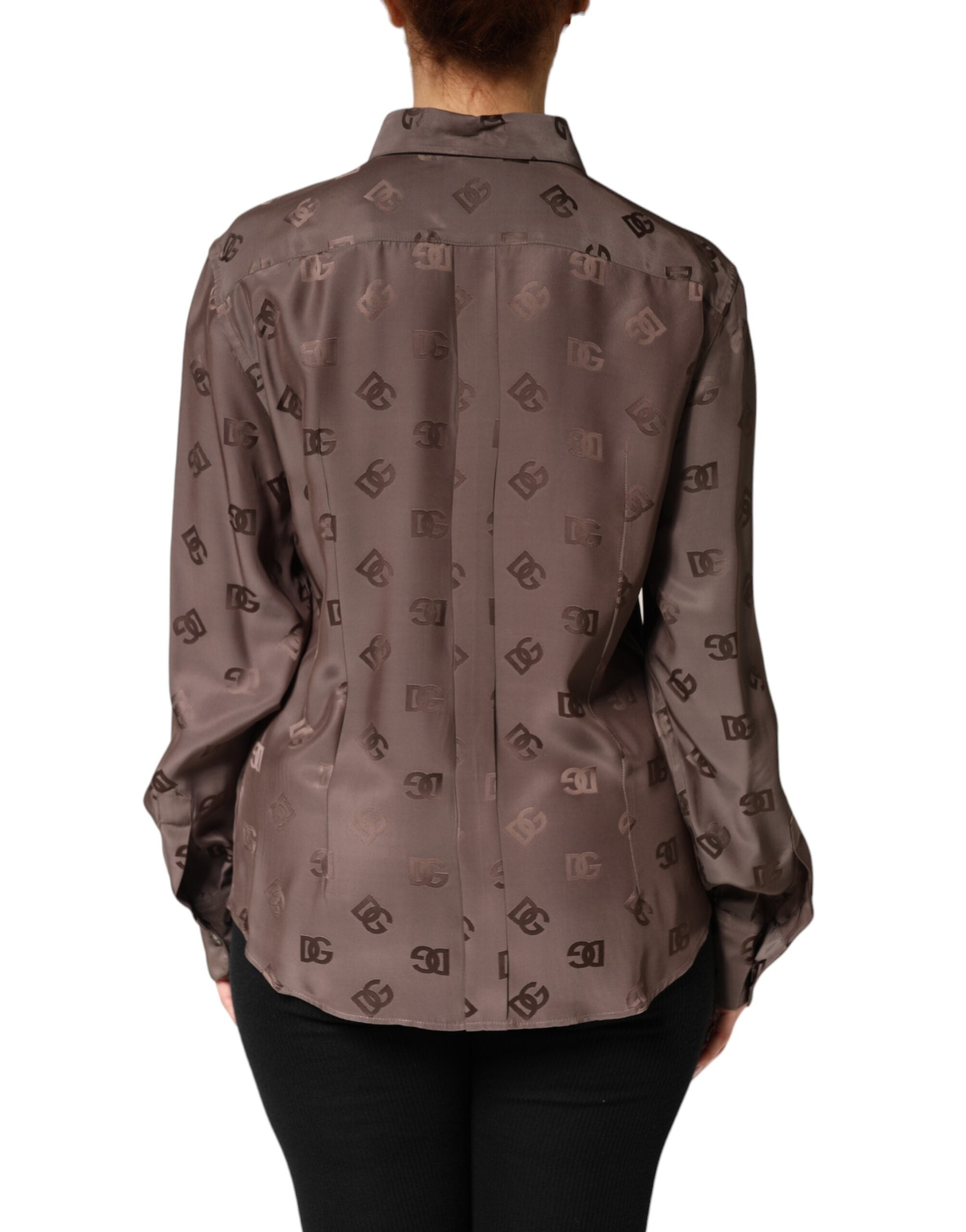 Dolce &amp; Gabbana Brun Skjortop med Lange Ærmer og Logo, Krave
