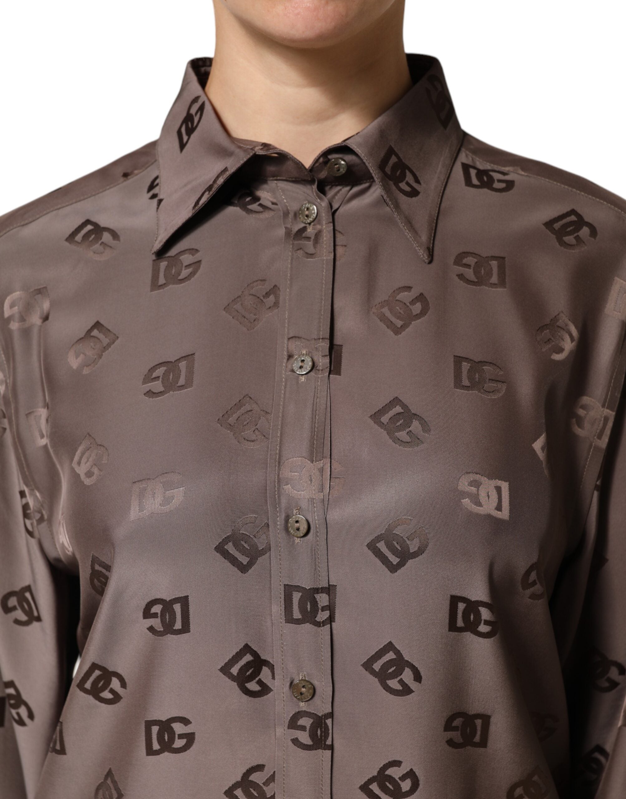 Dolce &amp; Gabbana Brun Skjortop med Lange Ærmer og Logo, Krave