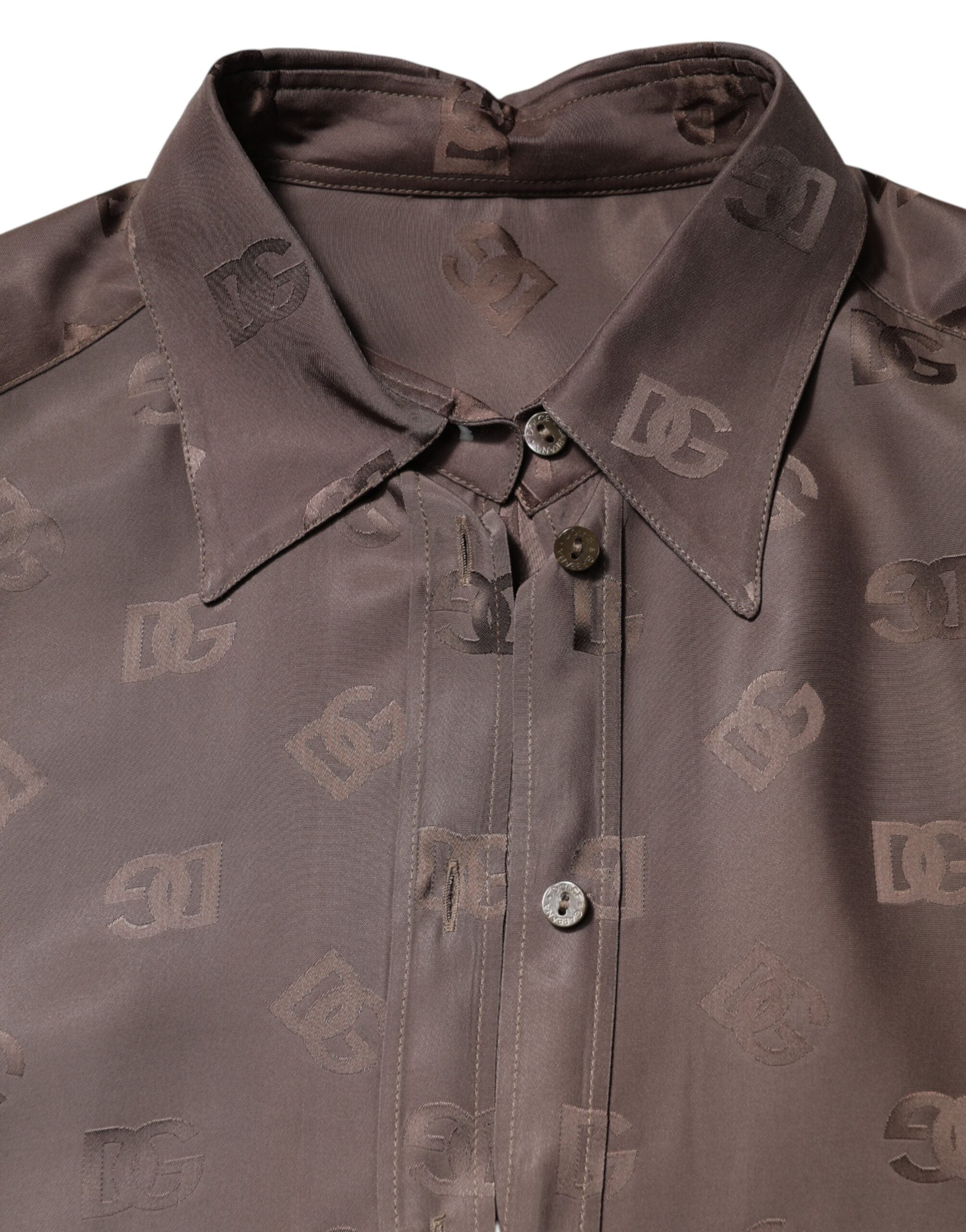 Dolce &amp; Gabbana Brun Skjortop med Lange Ærmer og Logo, Krave