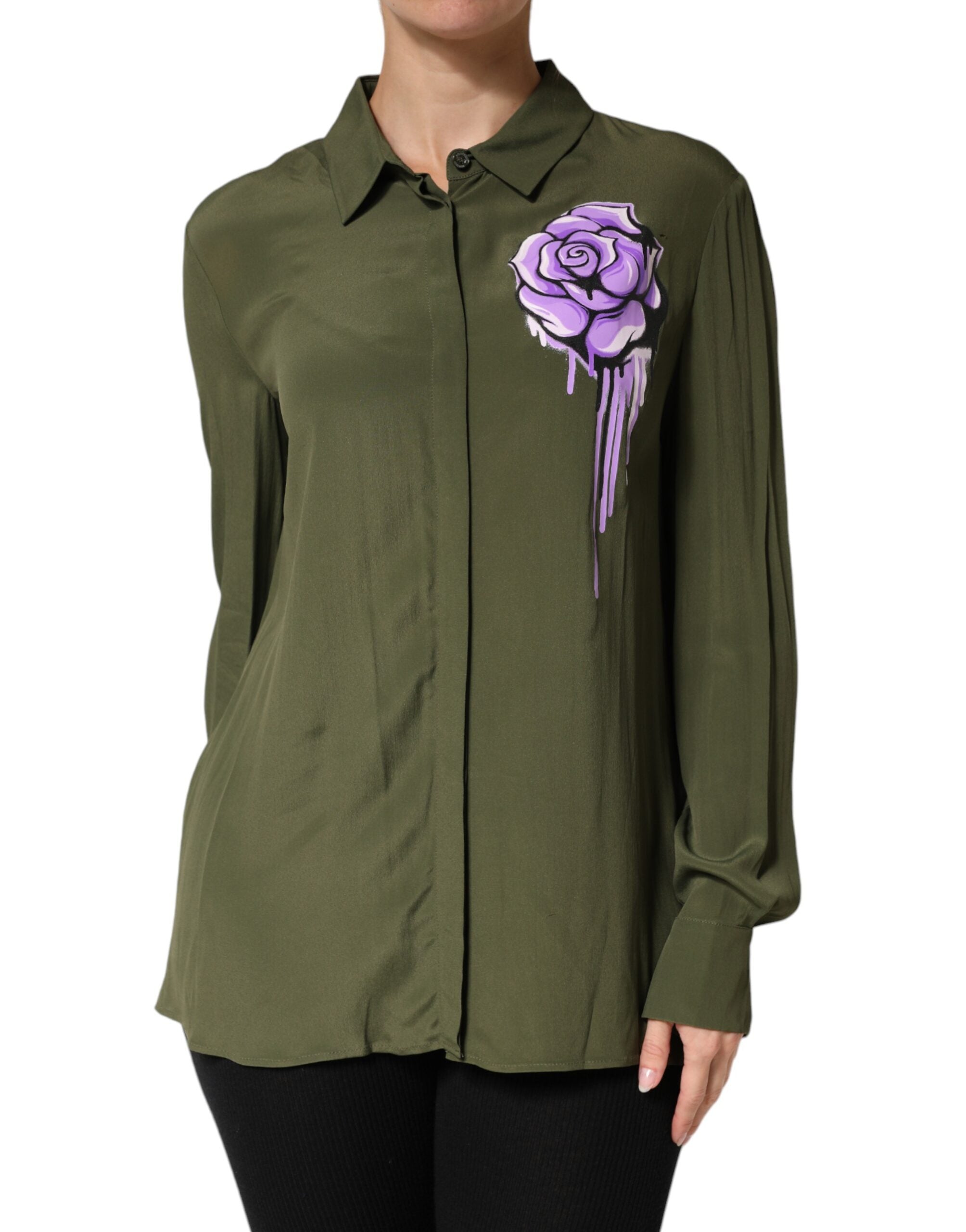 Boutique Moschino Top Grøn Acetat Kravet Langærmet Blomstertop