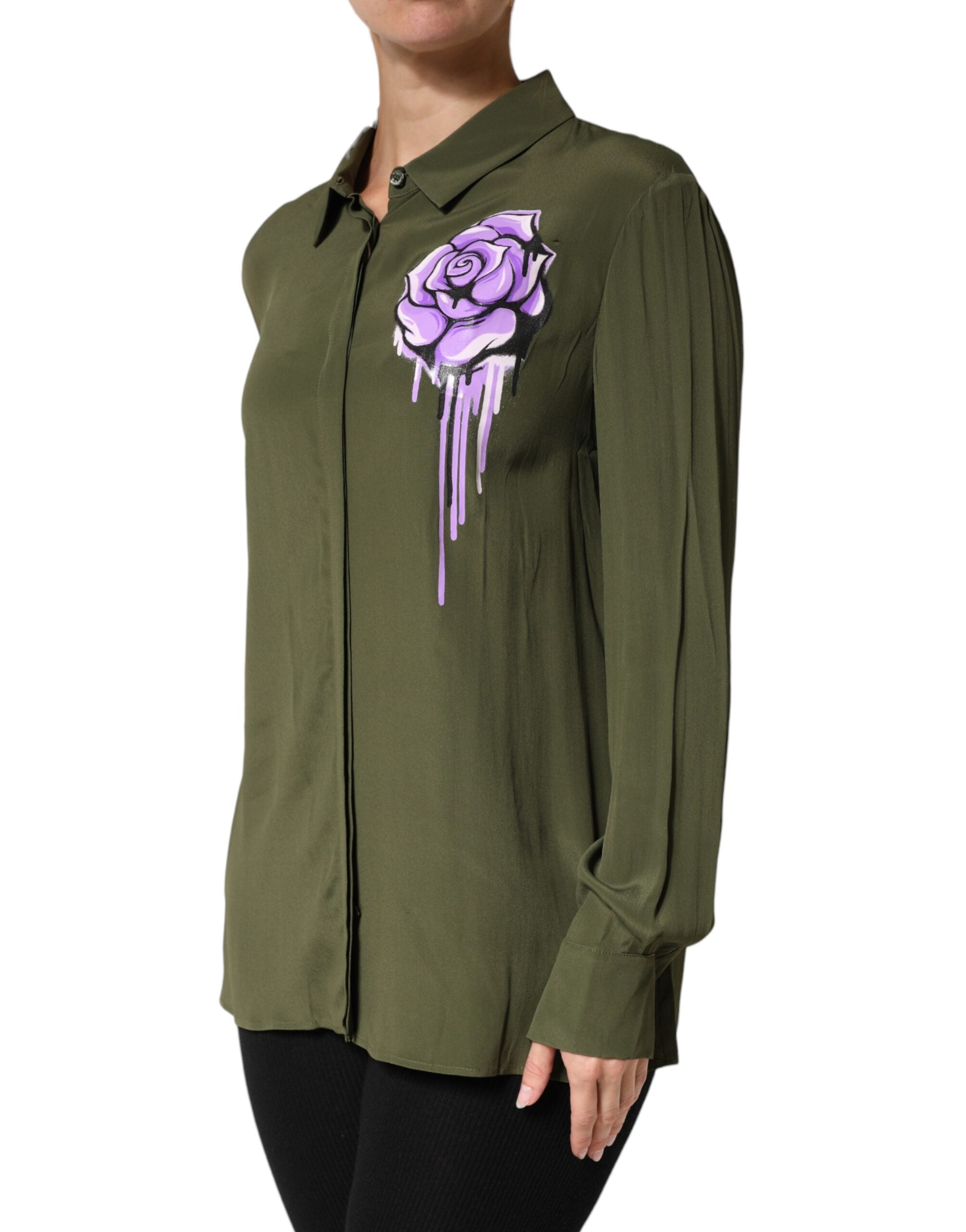 Boutique Moschino Top Grøn Acetat Kravet Langærmet Blomstertop