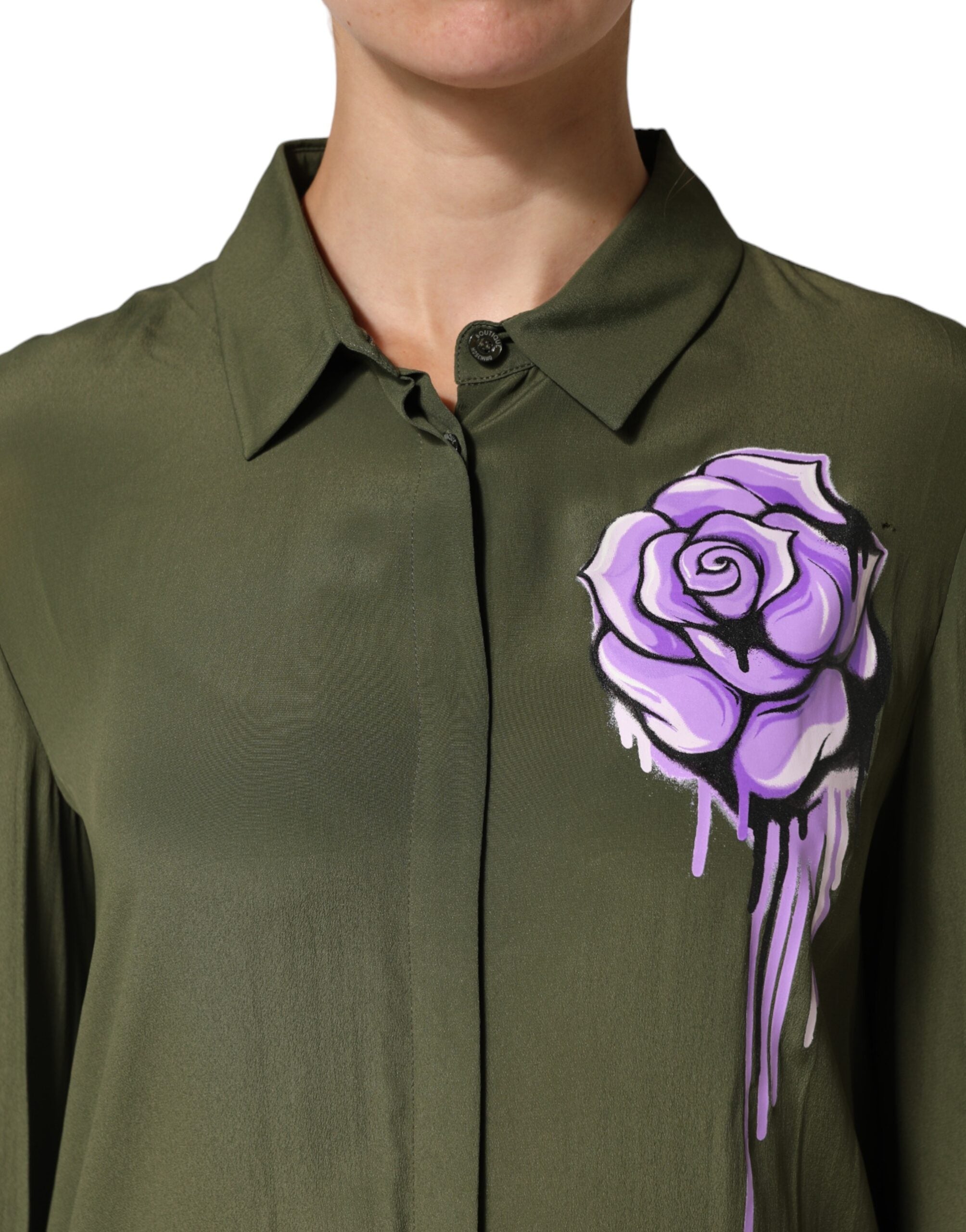 Boutique Moschino Top Grøn Acetat Kravet Langærmet Blomstertop