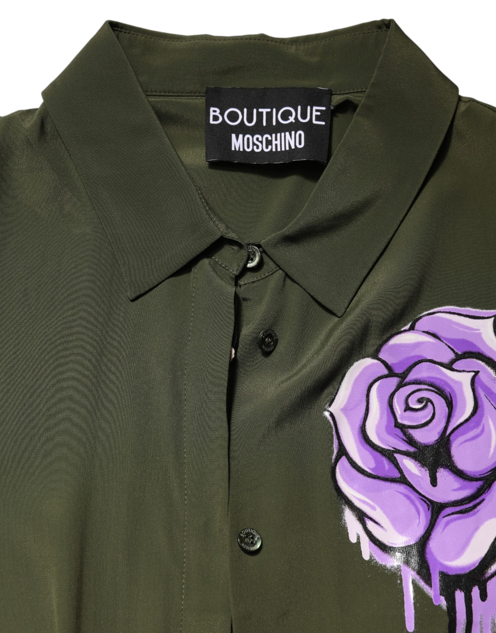 Boutique Moschino Top Grøn Acetat Kravet Langærmet Blomstertop