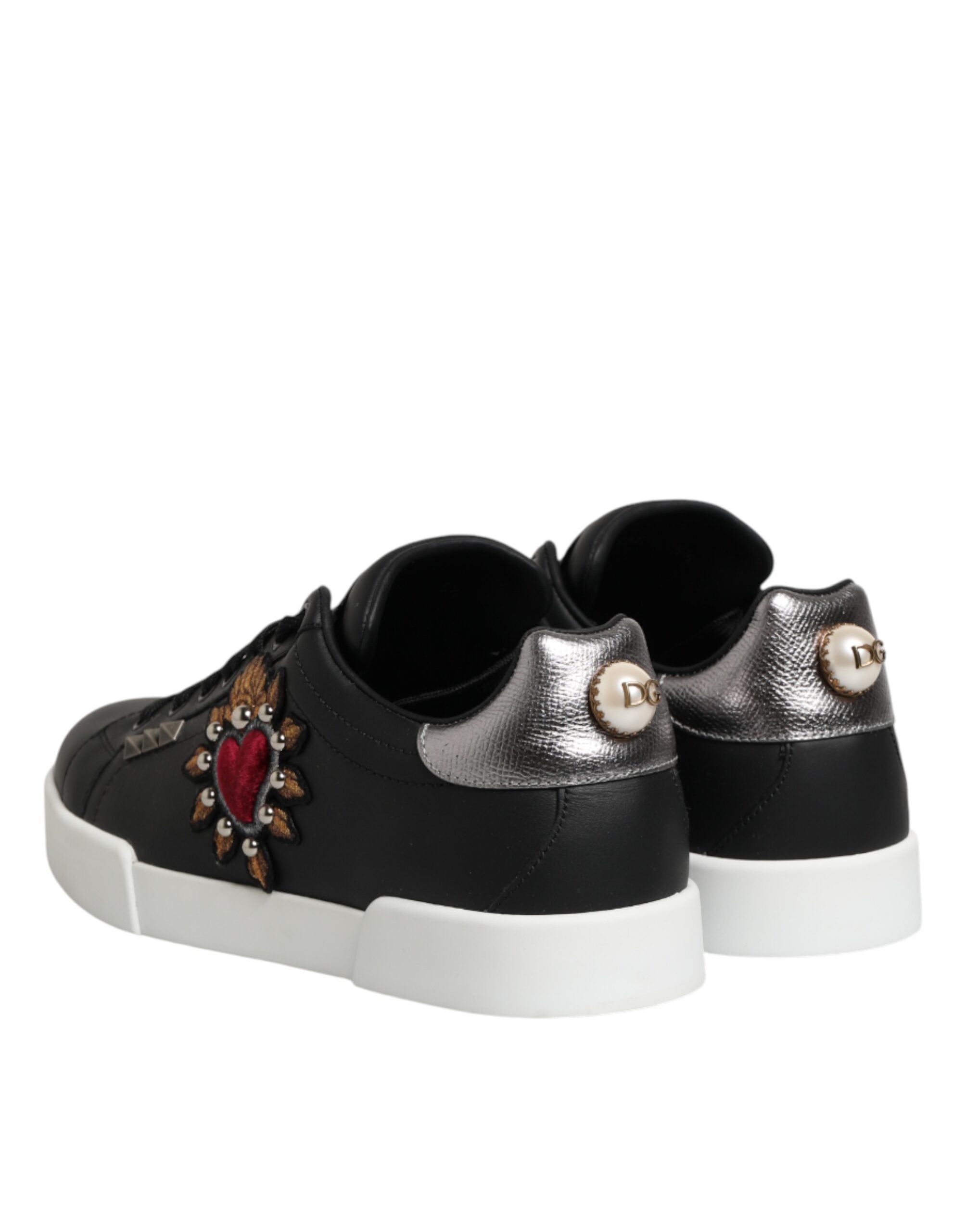 Dolce & Gabbana Black Leather Heart Embellished Sneakers Shoes