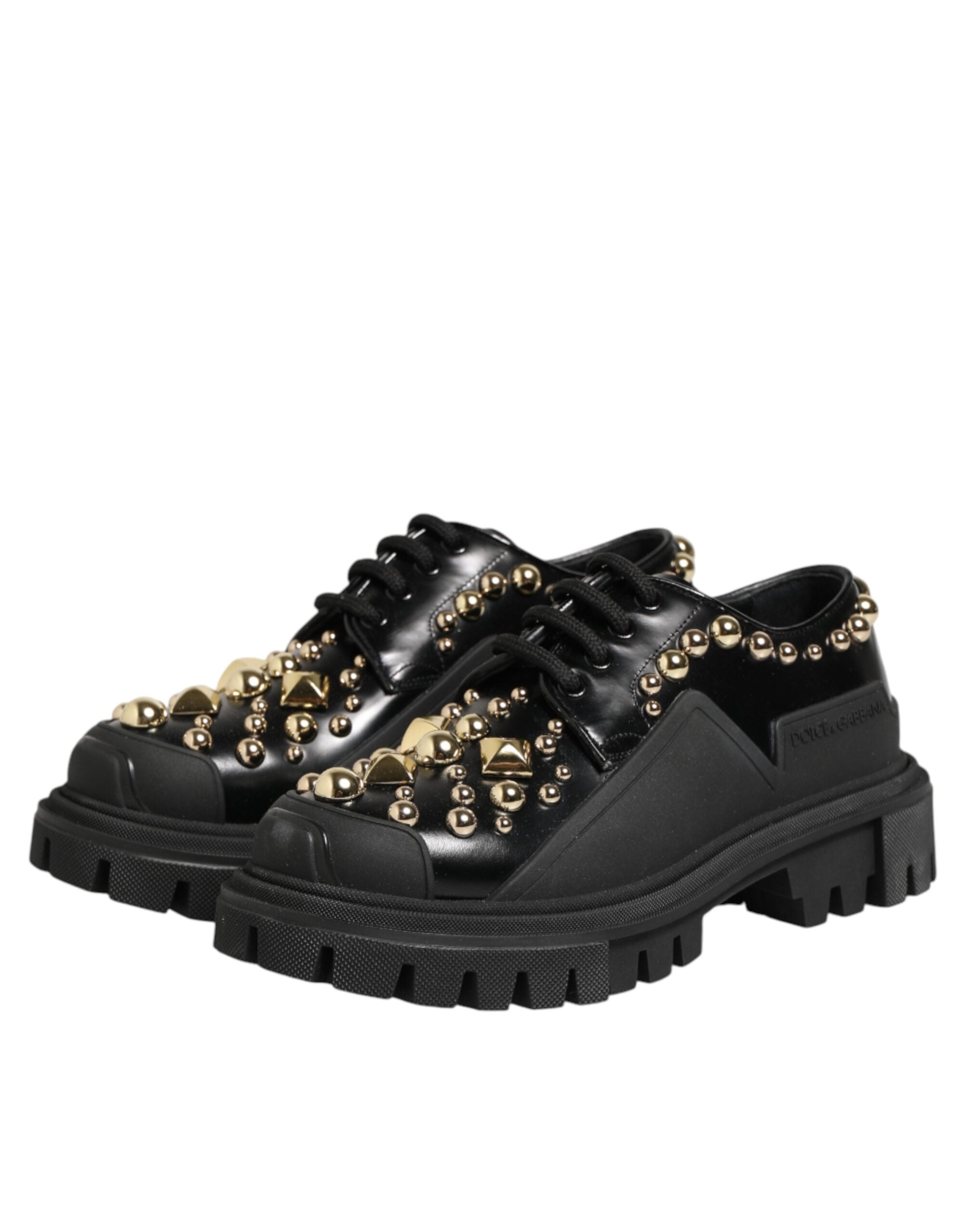 Dolce & Gabbana Black Leather Jeweled Crystals Derby Shoes