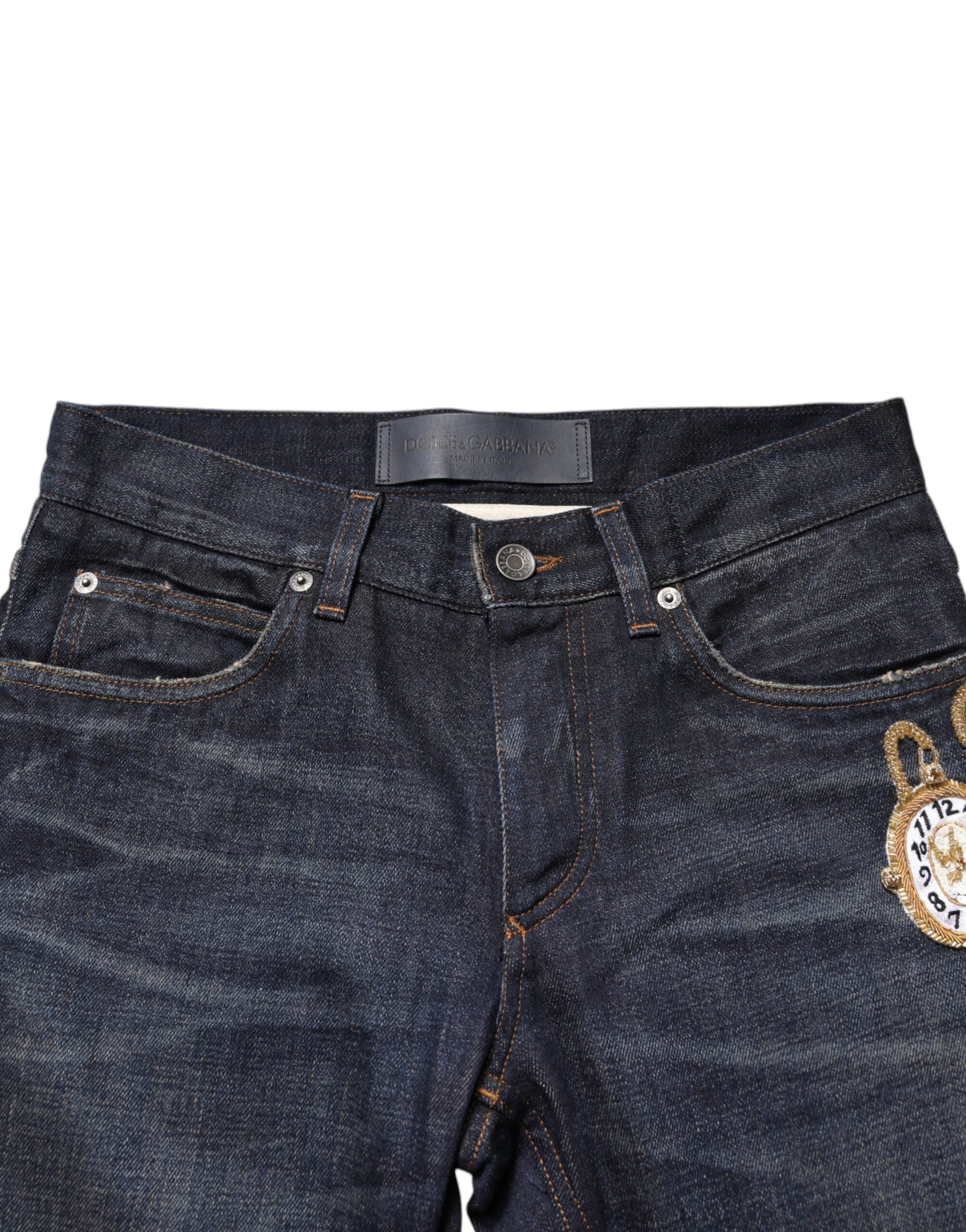 Dolce &amp; Gabbana Mörkblå Klocka GULD Herr Skinny Denim Jeans