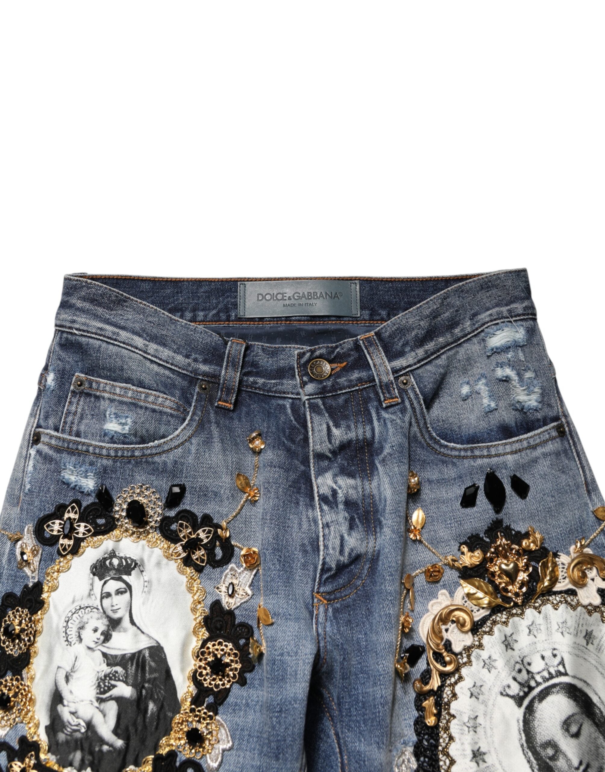 Dolce & Gabbana Blue Ripped Embellished Cotton Denim Jeans